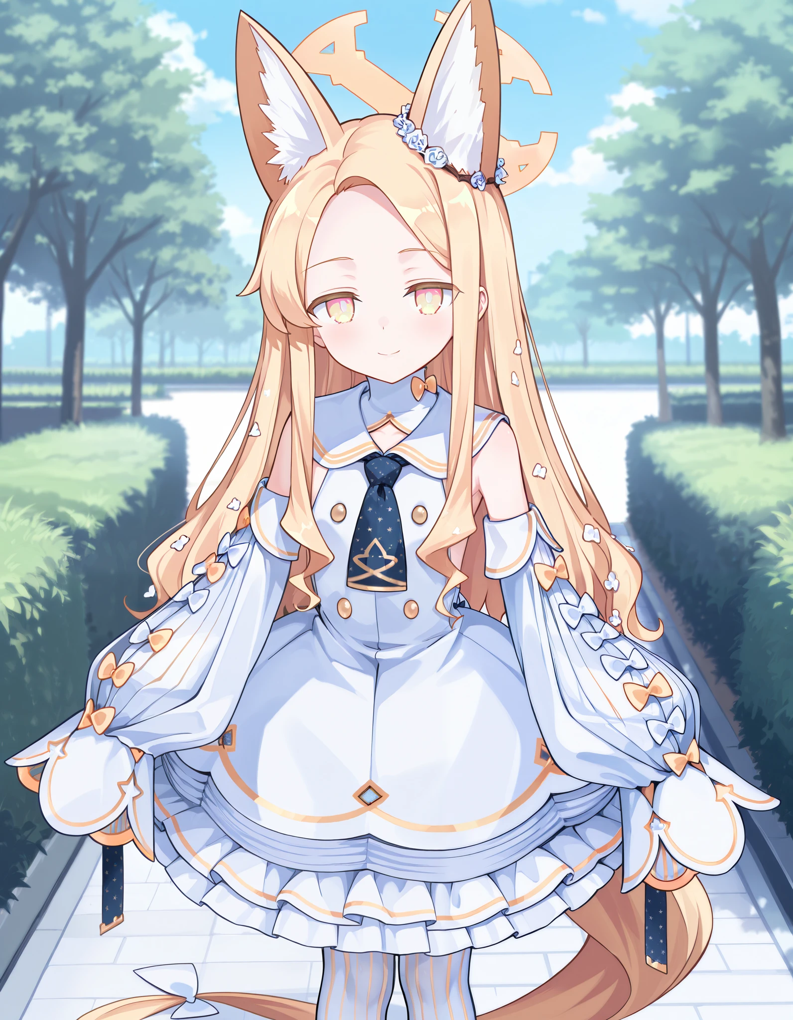 Masterpiece, hd, best quality, seia, yellow eyes, blonde hair, very long hair, fox ears, hair ornament, hair flower, halo, white dress, frilled dress, sleeveless dress, white sailor collar, blue necktie, detached sleeves, puffy sleeves, sleeves past wrists, sleeves past fingers, white pantyhose, smile, potrait, looking at viewer, standing, outdoor 
