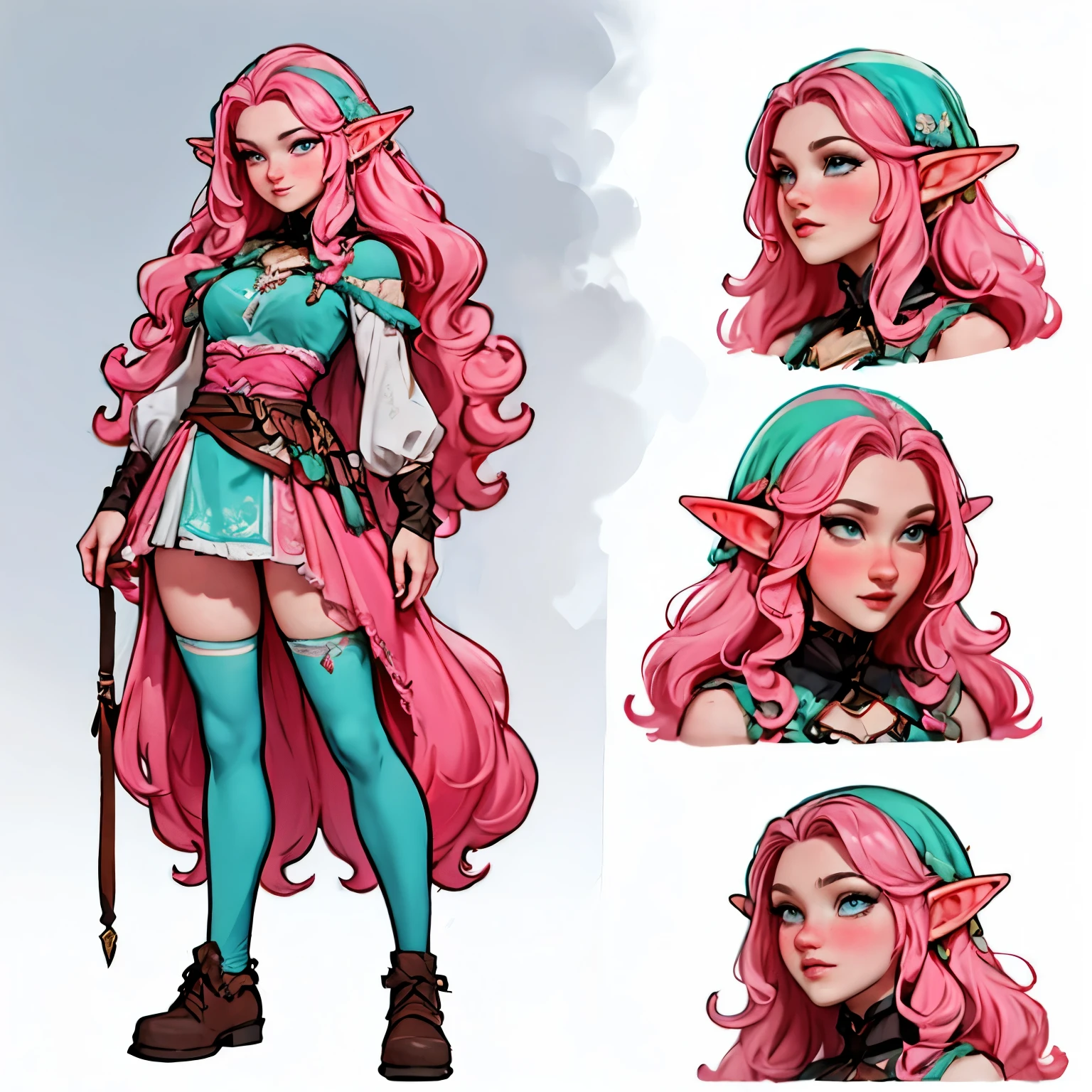 Quality, character sheet, design, positions, woman, long wavy hair, pink hair, blue eyes, elf, dress ,