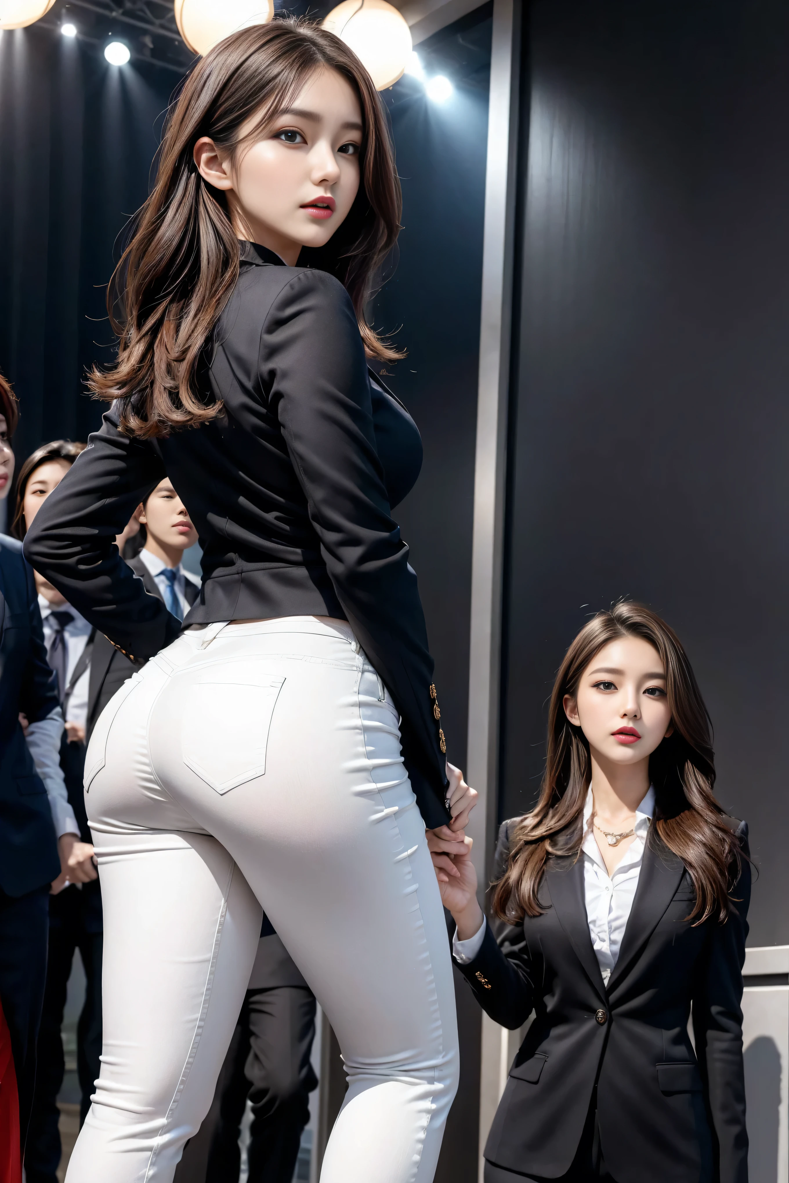 (8k,best quality,masterpiece,practical,super detailed:1.3),(1 girl,beautiful korean girl, kpop idol),(black suit jacket:1.2),(White skinny trousers:1.1),(serious expression:1.2)discuss,(speech,handheld microphone:1.2)(crowd,audience:1.3),Sexy long legs, (thigh gap:1.5),wide hips,S-shaped body, Buttocks raised,,black hair,(ass focus:1.1)shot from behind