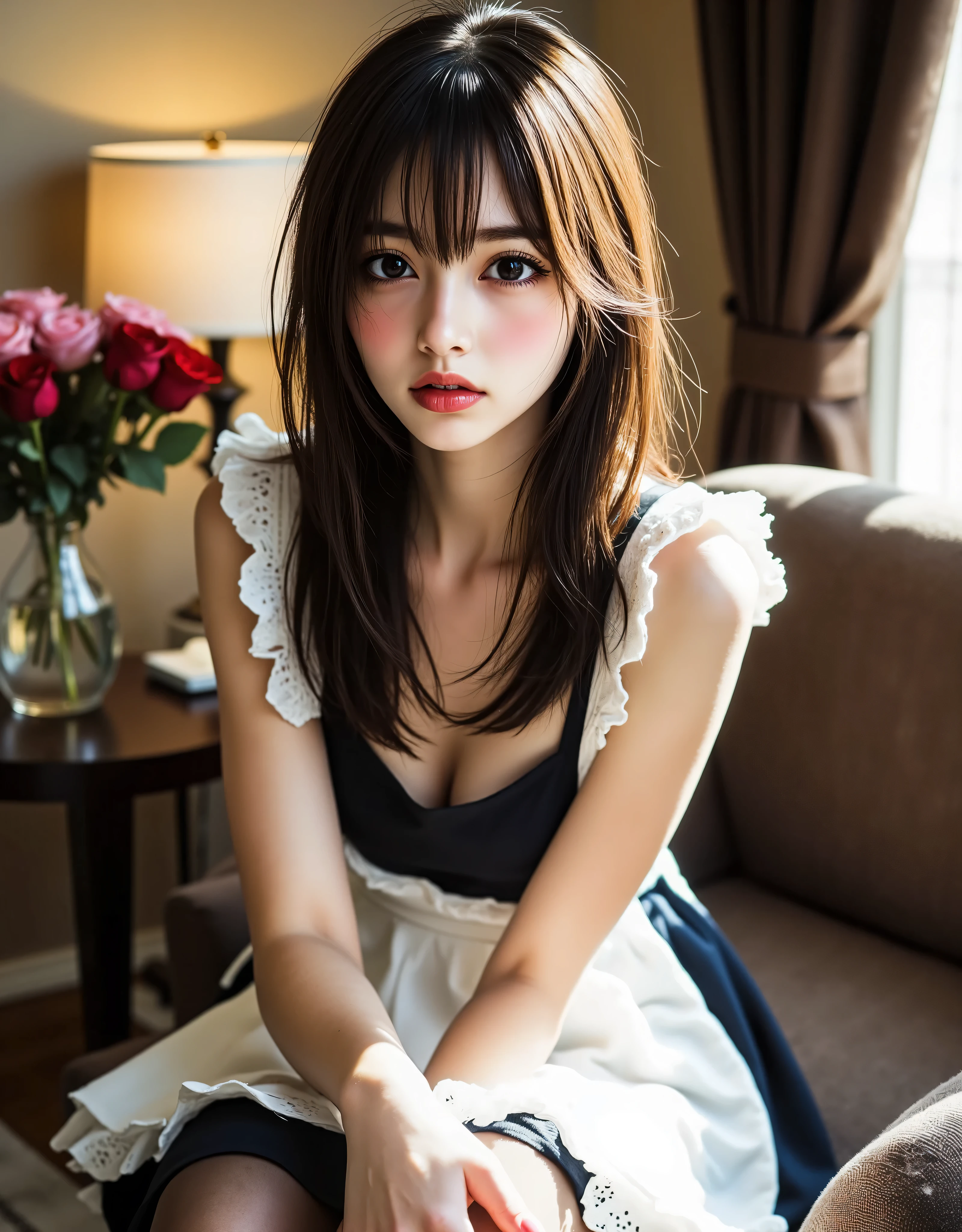 (( anatomically accurate human body structure )), (Canon), (EOS R5), (50mm), (((photorealistic:1.5))), ( No Lens Flare :1.5), ((超high resolution)), (masterpiece), accurate,( by namesな質感の肌), Super Detail, high detail, high quality , Award-winning work , 最high quality, 32K, depth of coverage, digital camera, Award-winning Glamour Photos , professional lighting,(SFW), ((最high quality:1.5)), ((masterpiece:1.5)), (( by names)), high resolution, by namesな影, Roughness, Real Life,(( A very beautiful and cute Japanese woman :1.5)), (( cute Japanese top idol )), ((Upper body shot seen obliquely from the front :1.5)), ( upper body shot seen from the side :1.2), (( upper body shot from head to knee :1.8)), (( cute 18-year-old Japanese high school girl )), 1 girl, (( Very cute maid girl with a gray bow )), Beautiful and luxurious living room , ( sitting on a luxurious sofa ), looking at me, ( brown medium hair), (white I'm wearing a fluffy headband with big frills on my head:1.5), ( with a brown ribbon ), ((dark brown leather maid shoes are sometimes placed next to the bed)), ((Luxurious white apron with lots of frills)), (white apron with brown ribbon), with lots of frills , ((dark brown mesh stockings up to the thigh)), (black and pink roses up to the thigh), black to brown up to the thigh Striped knee-high socks, dreamy and shy expression , Attractive cuteness , seductive poses, Height: 160cm, slim figure, beautiful shaped normal size bust, C cup, cleavage of bust visible, (( very cute smile with slightly visible teeth :1.5)), ( alone:1.5), (Only one person in the bedroom), ( show your hands as little as possible ), (brown eyes on the frame:1.9), ( Detailed depiction of extremely realistic skin ), (Highly detailed, realistic eyes:1.9), ( extremely beautiful long realistic eyelashes ), (Highly detailed, realistic eyebrows), (丸いbrown eyes on the frame :1.8), ( beautiful catchlight on the eyes), (Realistic lips with moisture ), ( white realistic teeth neatly arranged ), ( Beautiful and Detailed Face :1.6), ( hourglass shape:1.6), (Wasp waist :1.5), ( Perfectly round and beautifully shaped bust :1.8), ( clearly contoured cheekbones :1.5), ( textured skin by Mr. names :1.8), (Healthy body :1.8), (Narrow shoulders:1.9), ( staring at viewers), (enchanting gaze), (Beautiful, natural-looking hands), (light pink nails with a beautiful length), ( playful and curious posture ), beige-themed living room, ( The whole room is all beige ), Beige walls, beige ceiling , Beige floor , wearing luxurious brown and beige gothic ta-style maid clothes {x} brown cushions with white and pink floral patterns are placed on a fluffy brown sofa, gorgeous red and pink roses in a dark brown vase with floral pattern, dark brown curtains with floral pattern, Dark brown furniture, soft white lighting , ( Dreamy Cozy), stylish style, Glow effect, bright dynamic lighting that makes the skin look beautiful, Accurate , Accurate , Accurate,5 fingers on one hand