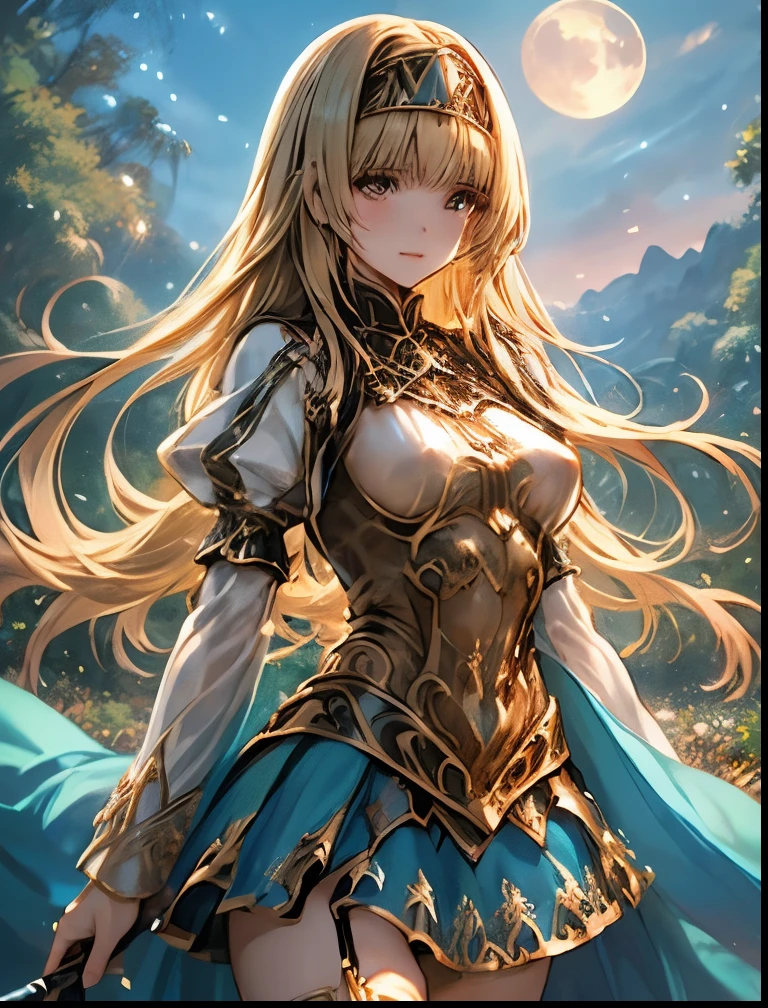 (((SFW、Highest quality、 first class masterpiece 、 Normal body 、8k、 detailed face 、 super precise、 real color 、5refer to、Highest)))、Alisha、『Valkyrie Profile 2』、Golden Hair 、 long hair、 short、Big Breasts、 slender、 slim、 Navel Exposure 、Pink Heart Dirty Print on Navel、Muscle Exposure、Half naked、Nipples See-Through Ultra Thin Transparent Slave Dress、Ultra Thin Transparent Miniskirt for Slaves、 slave iron collar 、Divine Sword、embarrassing、Rarely、moon、Possess、The goddess's guardian spirit behind it、 sacred