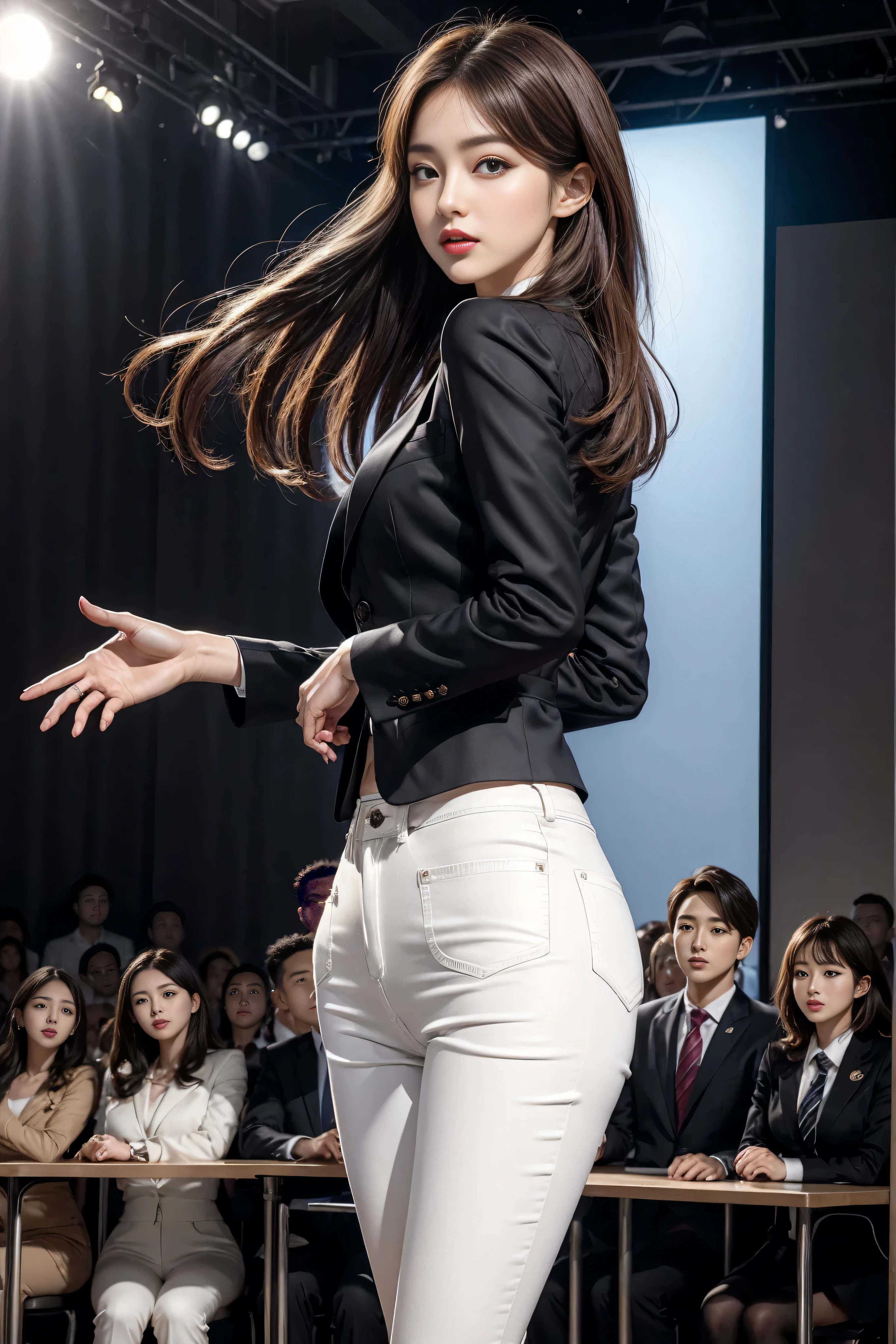 (8k,Highest Quality,masterpiece,practical,Super detailed:1.3),(1 girl,Beautiful Korean girl, Korean pop idol),(Black suit jacket:1.2),(White skinny trousers:1.1),(Serious expression:1.2)discuss,(speech,Handheld Microphone:1.2)(crowd,audience:1.3),Sexy long legs, (Thigh gap:1.5),Wide hips,S-Shaped Body, Hips lifted,,black hair,(Ass Focus:1.1)Shot from behind