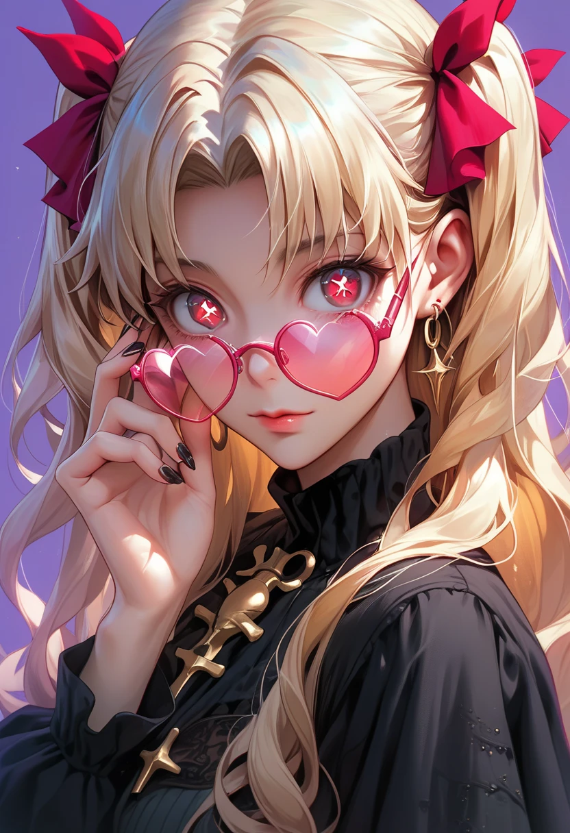 masterpiece,best quality,amazing quality,absurdres, ereshkigal \(fate\), 1girl, :o, adjusting eyewear, artist name, black nails, blonde hair, earrings, fingernails, hair ribbon, heart, heart-shaped pupils, jewelry, long hair, parted bangs, pink-framed eyewear, pink-tinted eyewear, portrait, purple background, red eyes, red ribbon, ribbon, simple background, solo, star \(symbol\), symbol-shaped pupils, tinted eyewear, two side up, upper body
