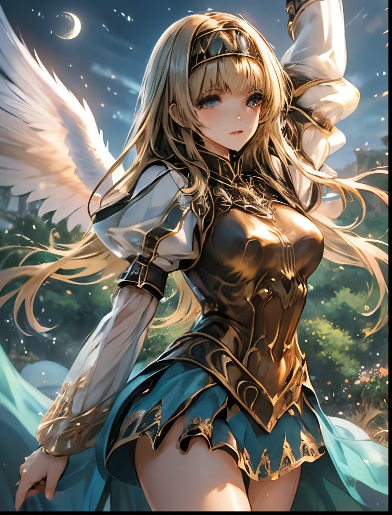 (((SFW、Highest quality、 first class masterpiece 、 Normal body 、8k、 detailed face 、 super precise、 real color 、5refer to、Highest)))、Alisha、『Valkyrie Profile 2』、Golden Hair 、 long hair、 short、Big Breasts、 slender、 slim、 Navel Exposure 、Pink Heart Dirty Print on Navel、Muscle Exposure、Half naked、Nipples See-Through Ultra Thin Transparent Slave Dress、Ultra Thin Transparent Miniskirt for Slaves、 slave iron collar 、Divine Sword、Heavenly Wings、embarrassing、Rarely、moon、Possess、The goddess's guardian spirit behind it、 sacred