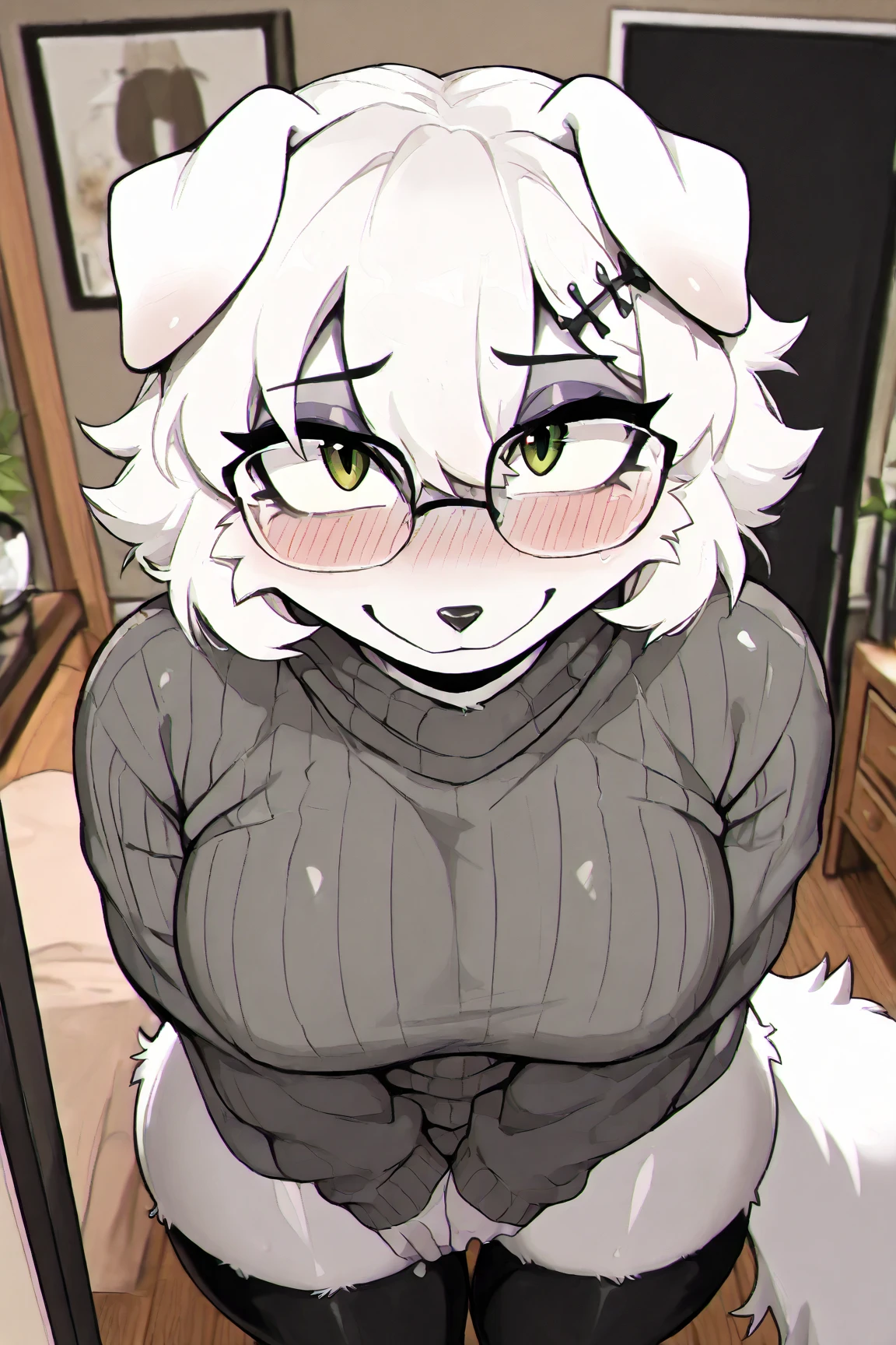 1girl,gigantic breasts,solo,furry,fox,arctic fox,short hair,diagonal_bangs,orange eyes,slit pupils,big_eyes,long eyelashes,mole under eye,white fur,turtleneck sweater,black sweater,blush,evil grin,open mouth,chi jyo,looking at viewer,white background,gaming chair,hand on table,(holding a pen:1.2),(Painting_(Action):1.2),(drawing board:1.2),<lora:Role_ä¹°å¸é±¼ççç¸_v1.0:0.8>,by wkar,by darkgem,by sssonic2,by whisperingfornothing,by conditional_dnp,by zackary911,by ruvark,