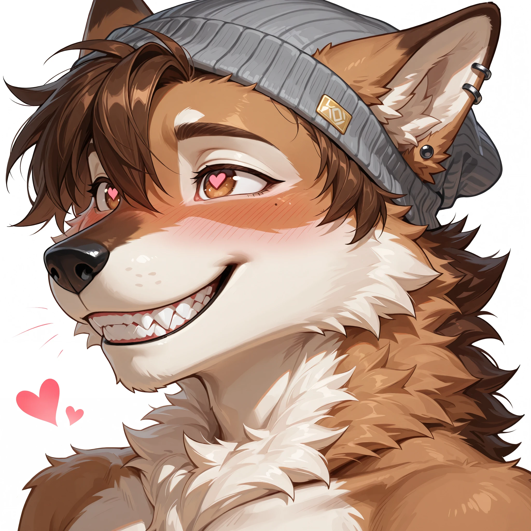 Masterpiece, best quality, absurd res, anthro, solo, an anthro furry male wolf, masculine male, brown fur, short brown hair, wearing only grey beanie, countershading, brown eyes, black nose, ear piercings, heart eyes, heart-shaped, shiny heart eyes, canine teeth, chin up, head tilted up, big happy smile, looking away, mouth open, blushing profusely, neck tufts, shirtless, portrait, ruffled fur, white background, blushing profusely, throwing head back
