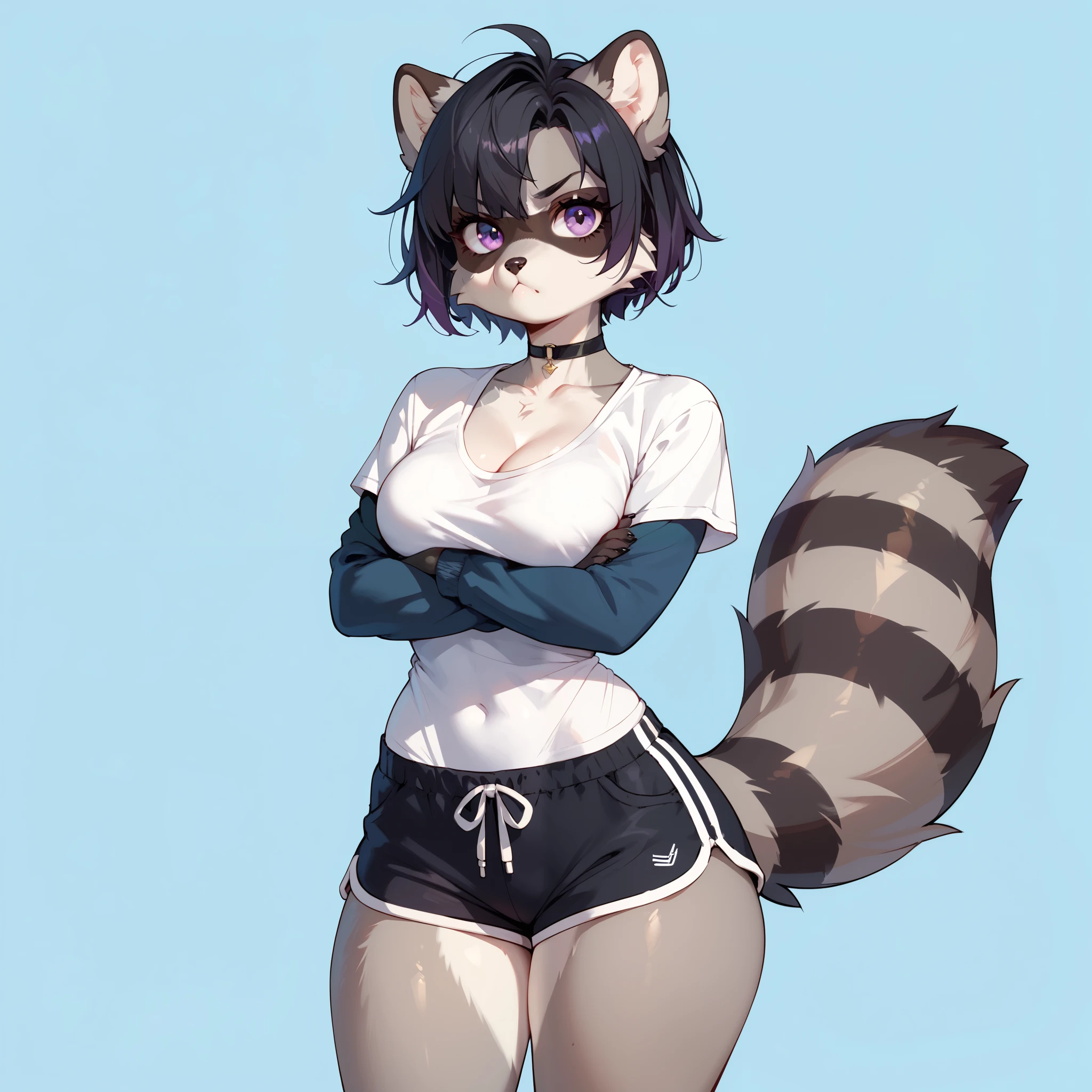 girl, average stature, black hair and slim, athletic build a little ,dark blue eyes, pale, black and gray clothes. black gloves,short black boots tail ears,small white spots on ears and tail.