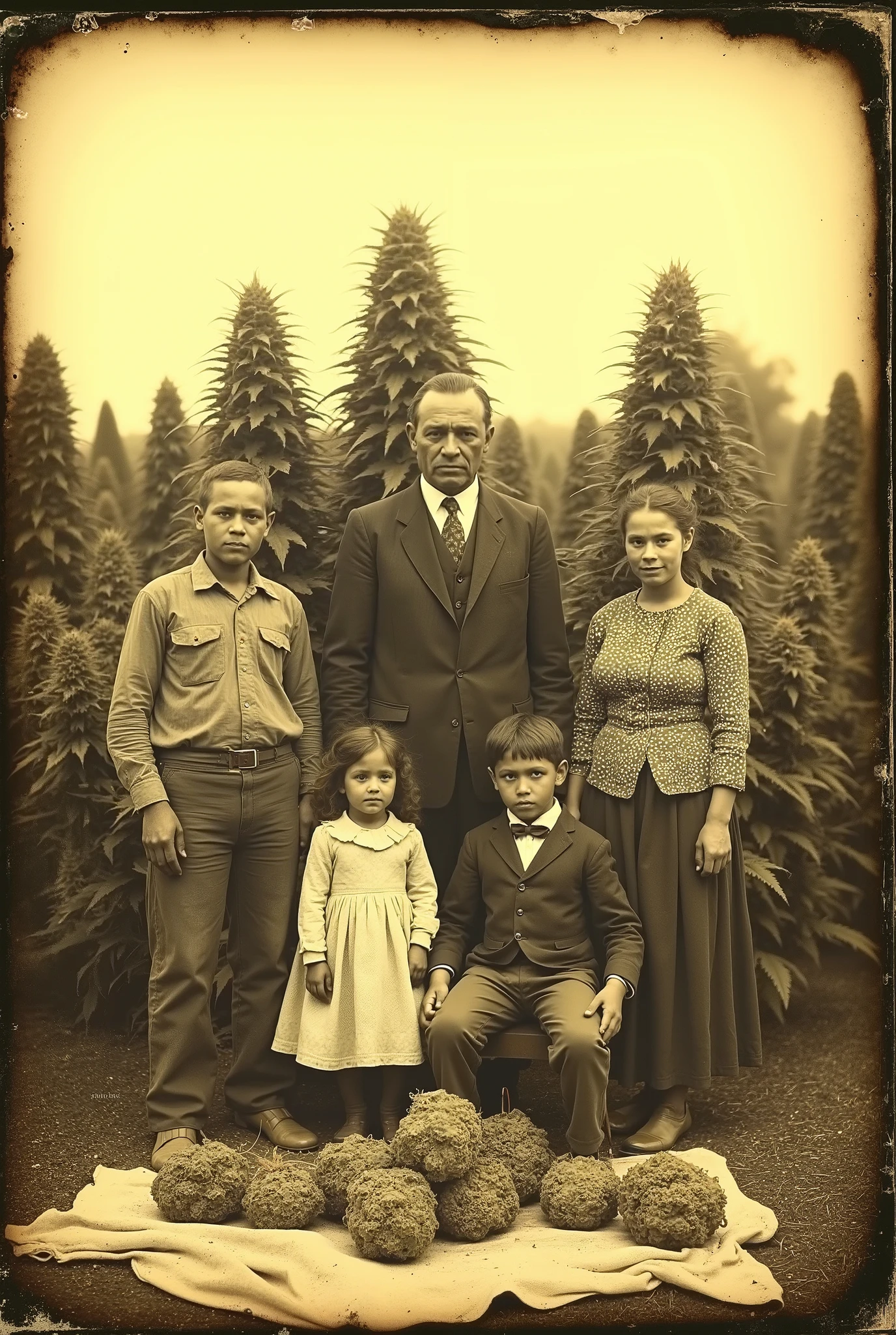 Daguerreotype photograph. Mexico. A Mexican family on their farm. A husband and wife, 2 daughters and 2 sons in a large field of marijuana plants. The plants are bigger than the mom and dad combined. The plants are 15 ft. tall and are christmas tree shaped with huge buds on them as thick as a man's leg. The mom is very short and very attractive. The dad looks mean. The daughters smile and look happy. Its late fall and they are harvesting the plants. They cut down the giant size buds with a saw and lay them on a blanket on the ground. Ultra-realistic, photorealistic,old,SFW,yellow and brown photos, slightly damaged photos.