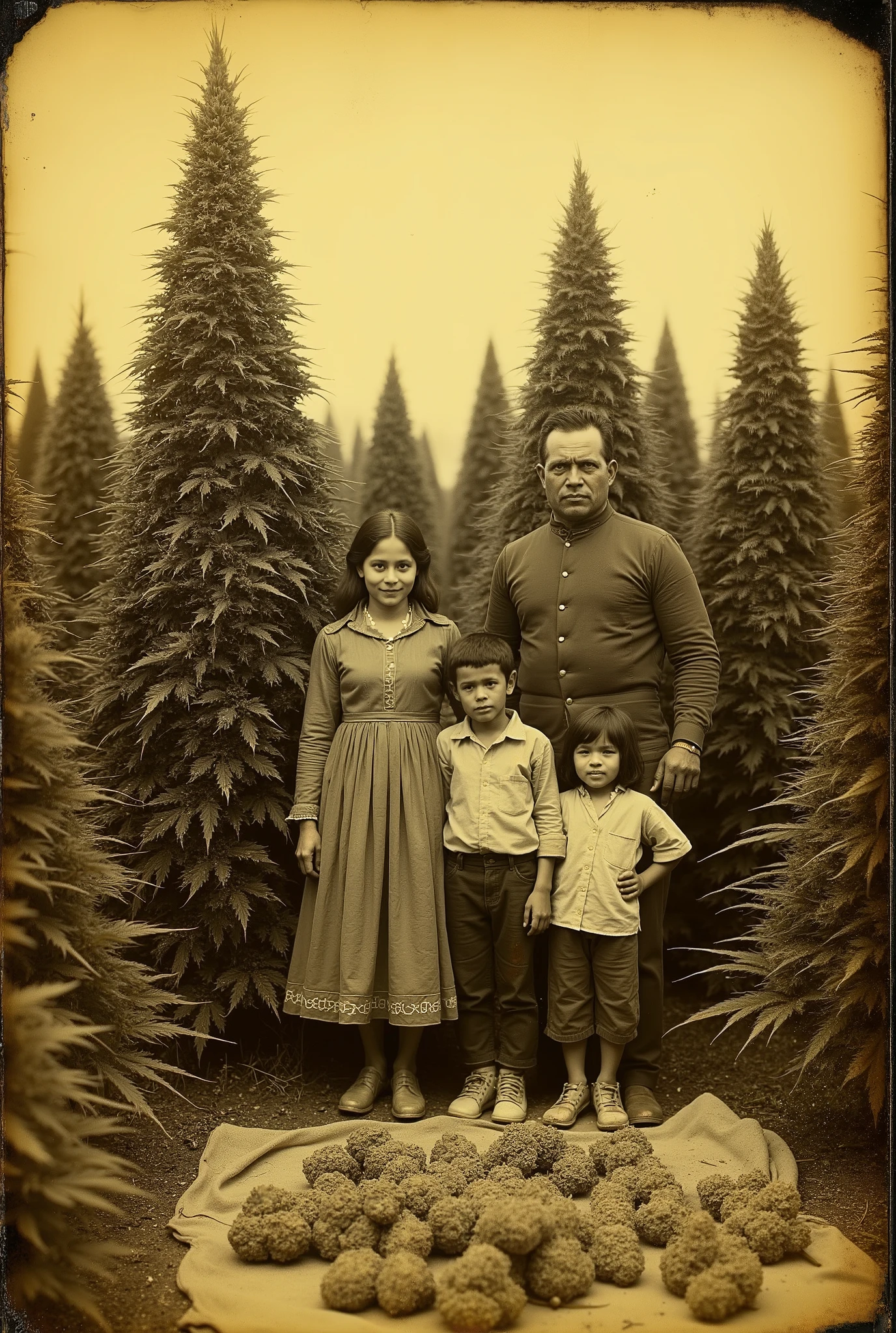Daguerreotype photograph. Mexico. A Mexican family on their farm. A husband and wife, 2 daughters and 2 sons in a large field of marijuana plants. The plants are bigger than the mom and dad combined. The plants are 15 ft. tall and are christmas tree shaped with huge buds on them as thick as a man's leg. The mom is very short and very attractive. The dad looks mean. The daughters smile and look happy. Its late fall and they are harvesting the plants. They cut down the giant size buds with a saw and lay them on a blanket on the ground. Ultra-realistic, photorealistic,old,SFW,yellow and brown photos, slightly damaged photos.