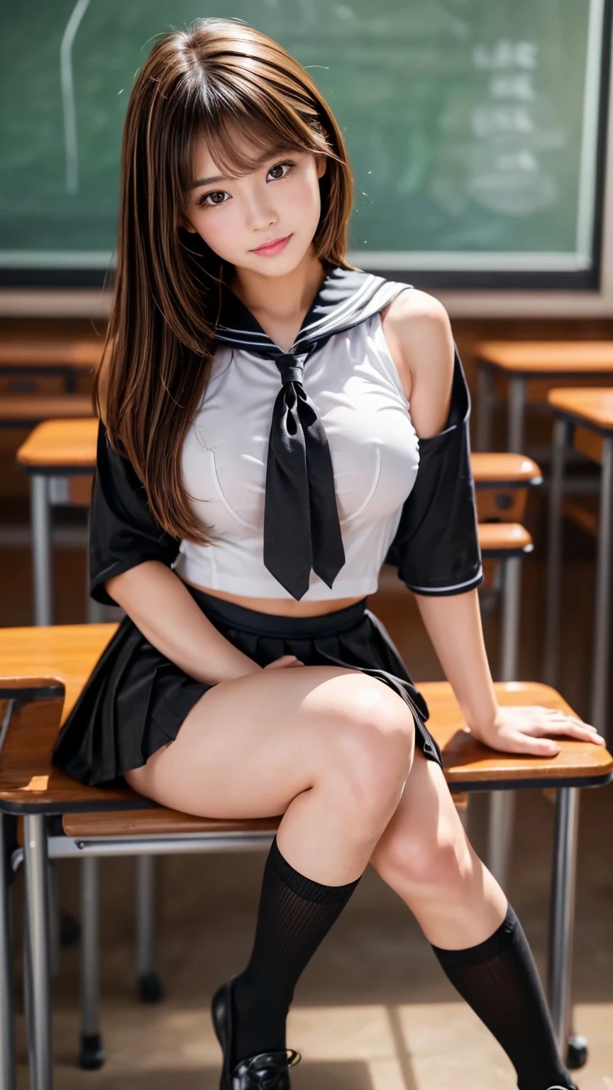 1girll、(Super beautiful........)、(beautifull face:1.2)、(Clean pubic contours)，(spread her legs.)、(bondage:1.4)、Classroom chairs、High School Uniform、dark blue pleated skirt、(White panties)、(In SFW:1.1)