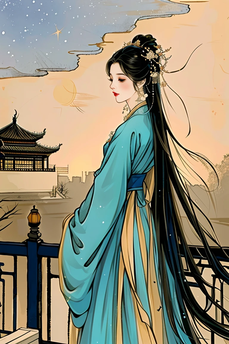 (high resolution, TOP QUALITY, masterpiece, 8k), a beautiful and cute woman, Moderate bust, white lace half dress , long black hair that shines blue , Perfect face 、 perfect style 、necklace, earrings, Hair flowing in the wind, Look at Me and Laugh, I'm taking a walk in the garden inside the palace、Chinese period movie palace style 、 Princess Style、 Waist-up shot、 free drawing style full of peace and harmony 、Chinese period drama Changan City 、palace building、lamp、Palace Indoors 、Night Sky、starry sky, Shining Star、 perfect art 、 illustration art、