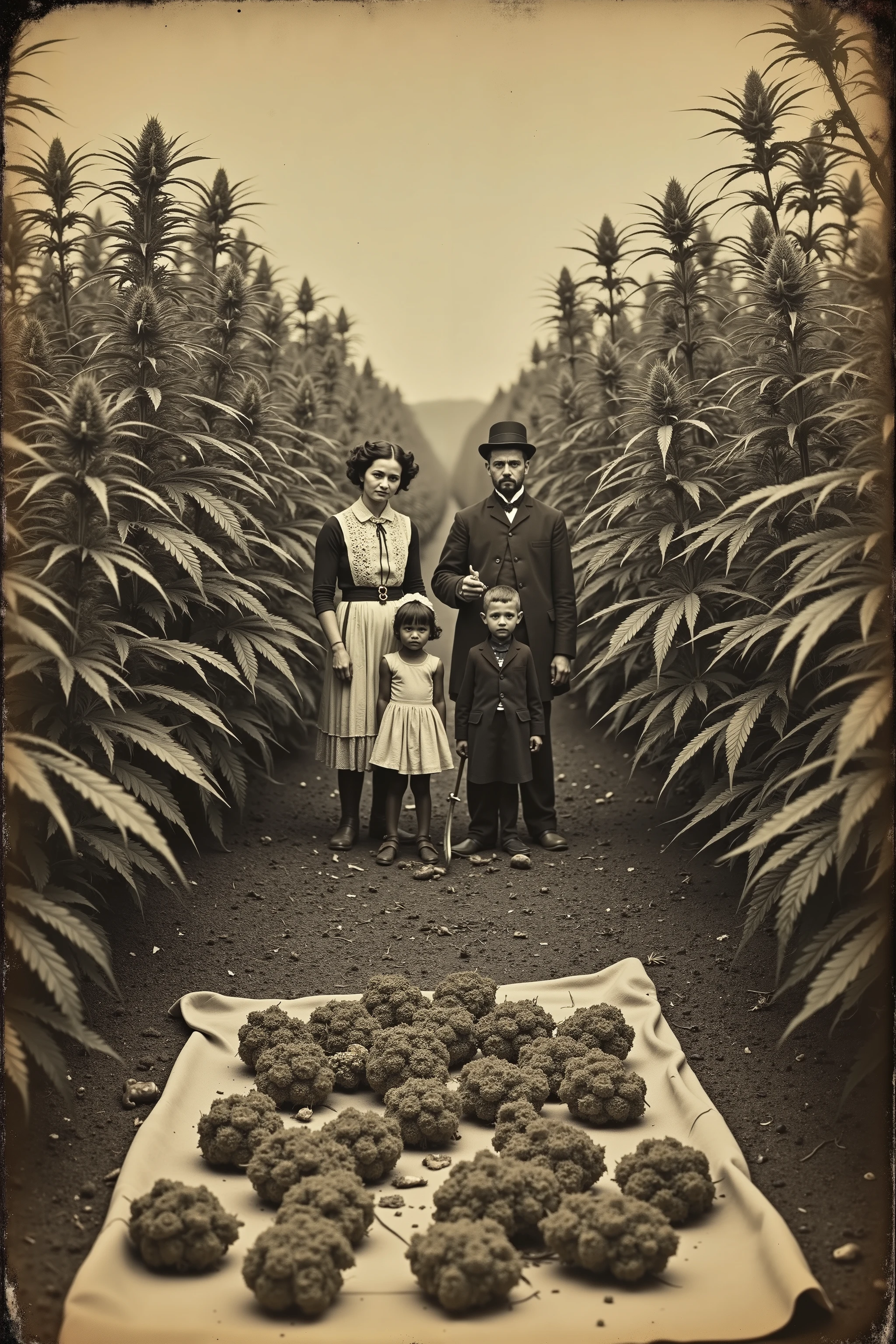 Daguerreotype photograph. 1890s. Mexico. A man and wife and 3 s in a forest of marijuana plants. The plants are bigger than the mom and dad combined. It is fall and they are harvesting the plants they cut down giant mans leg size buds off with a saw and lay them on a blanket on the ground. Ultra-realistic, photorealistic