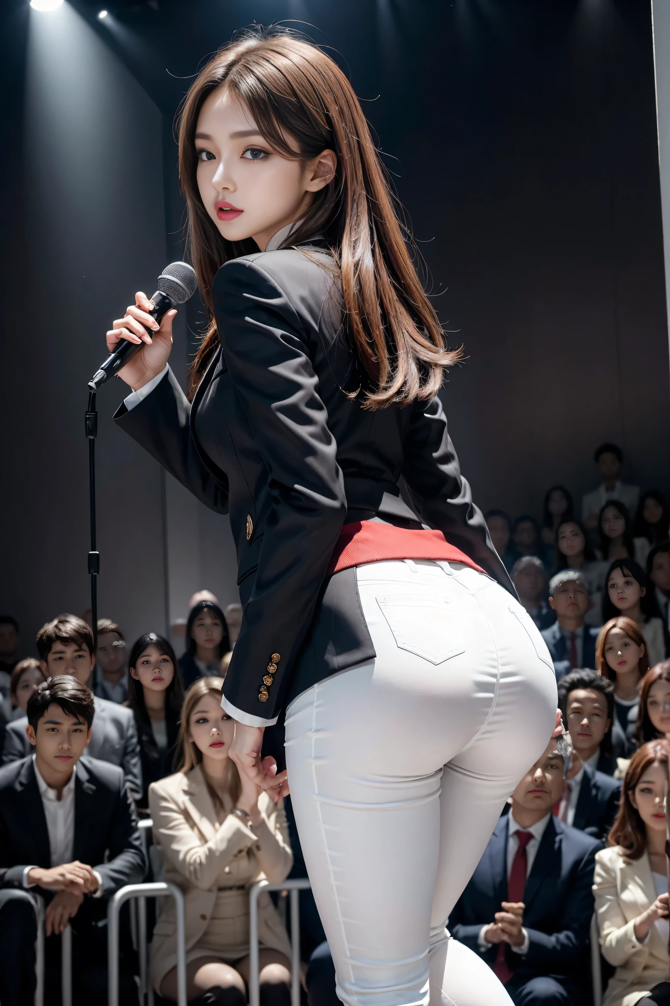 （8k，best quality，masterpiece，actual，super detailed：1.3），（3 girls，beautiful korean girl, kpop idol），（black blazer：1.2），（white leggings：1.1），（Serious expression：1.2）discuss，（speech，handheld microphone：1.2）（crowd，audience：1.3），Sexy long legs， （Thigh clearance：1.5），wide hips，S-shaped body， Hips raised，，black hair，（ass focus：1.1）shot from behind