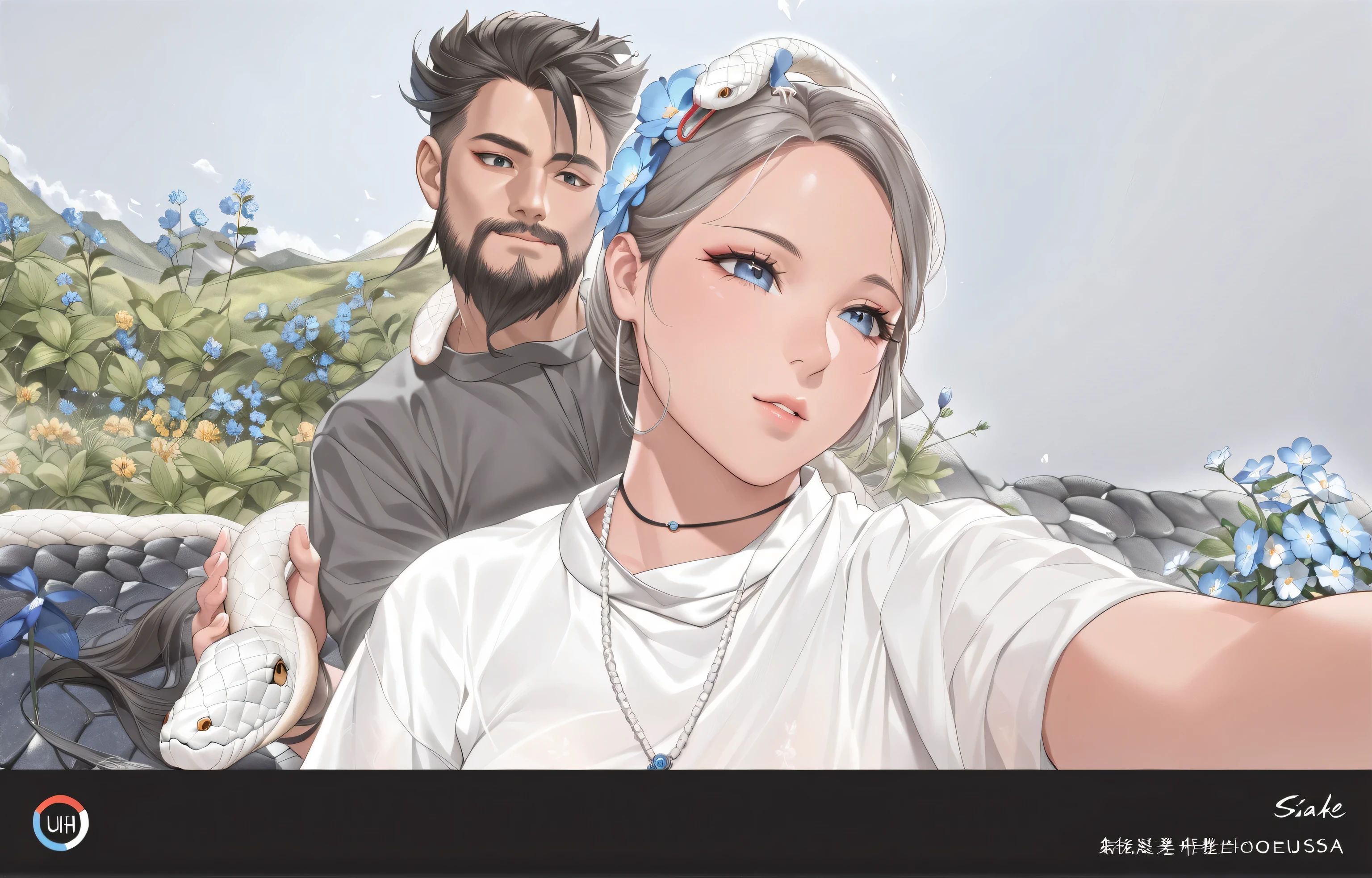 solo, a girl wearing a white choeongsam, petting a white snake, blue flower in background, Chinese theme, absurdres, masterpiece, best quality, UHD