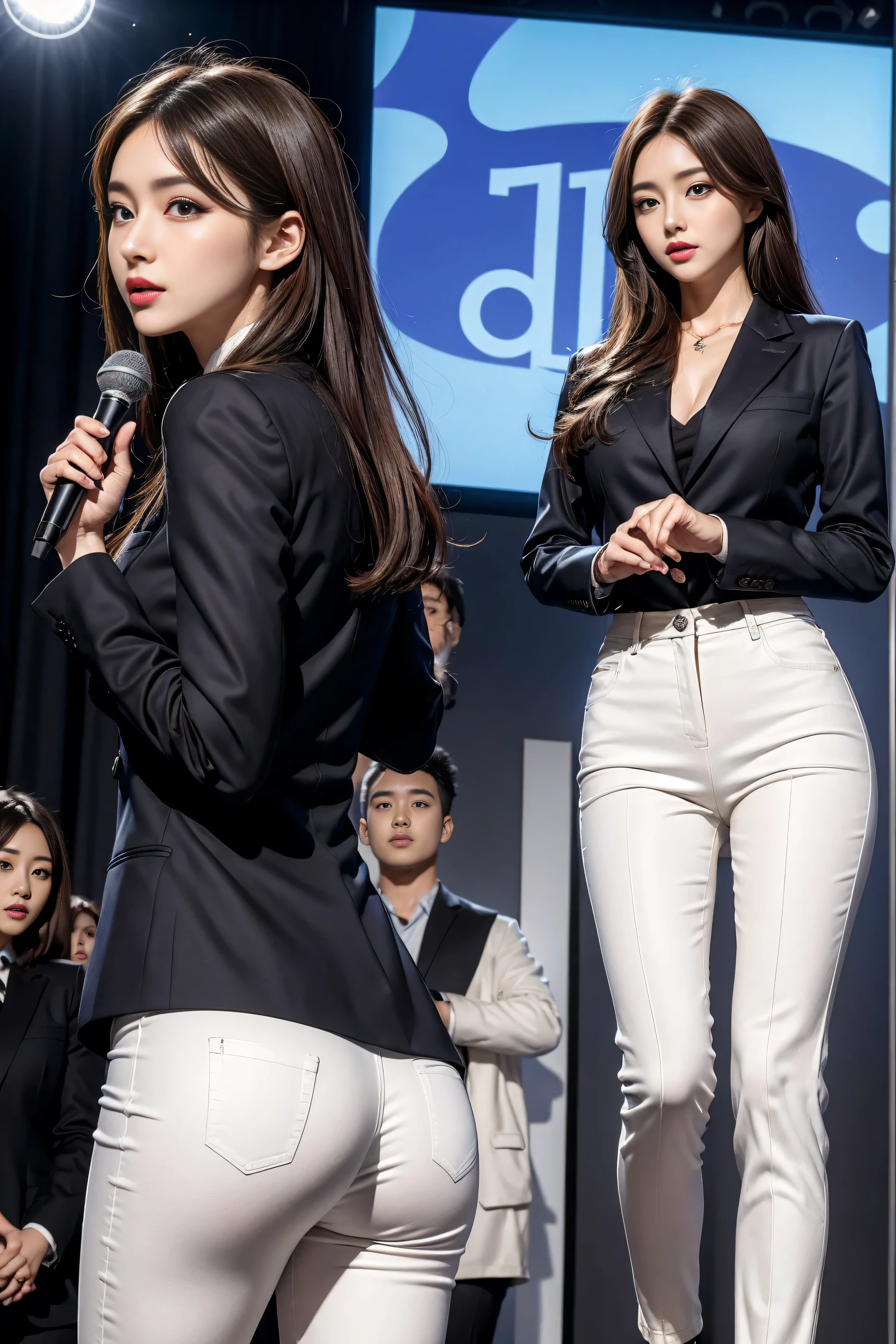 (8k,Highest Quality,masterpiece,practical,Super detailed:1.3),(1 girl,Beautiful Korean girl, Korean pop idol),(Black suit jacket:1.2),(White skinny trousers:1.1),(Serious expression:1.2)discuss,(speech,Handheld Microphone:1.2)(crowd,audience:1.3),Sexy long legs, (Thigh gap:1.5),Wide hips,S-Shaped Body, Hips lifted,,black hair,(Ass Focus:1.1)Shot from behind