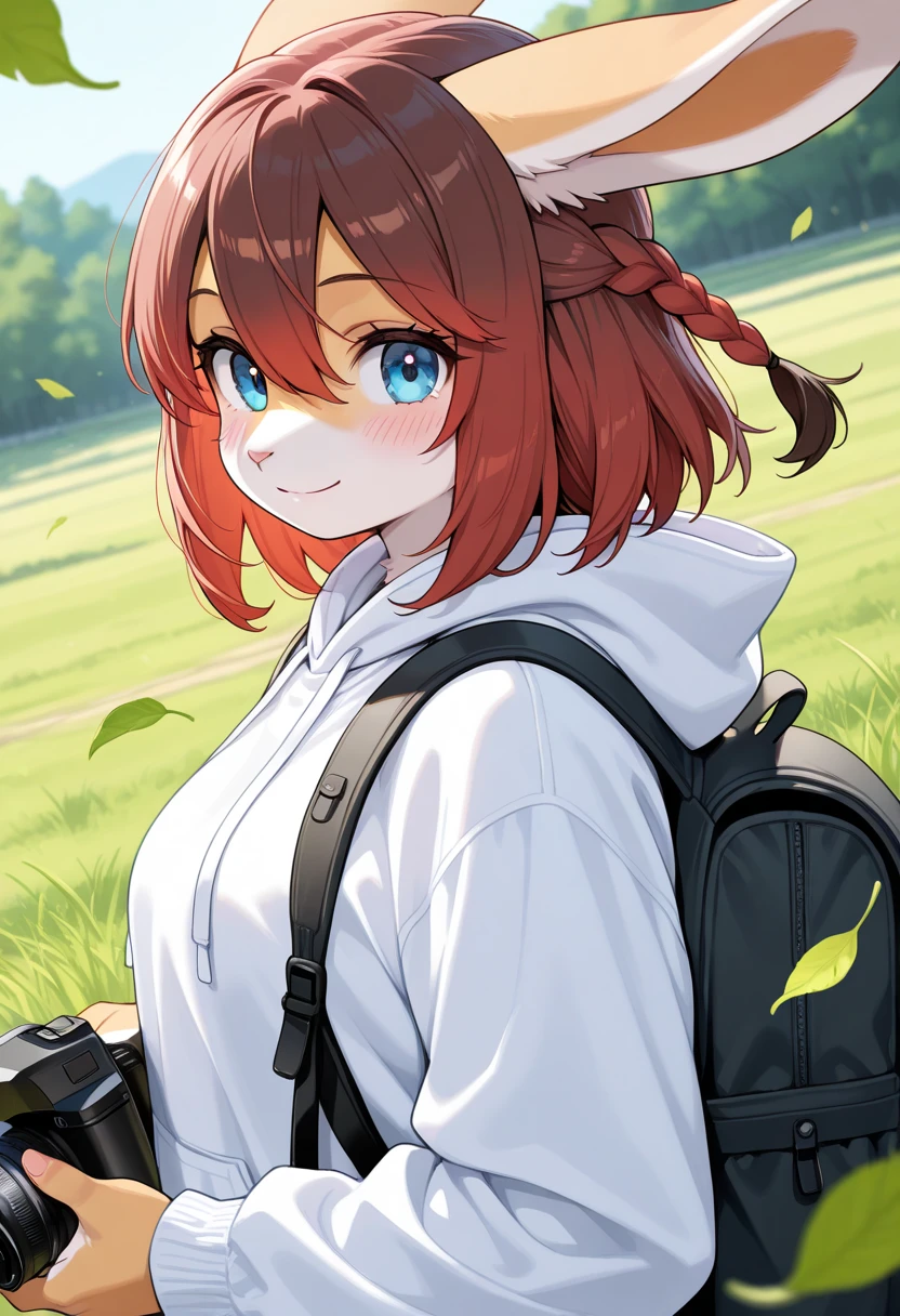 1girl, (furry, kemono:1.4), rabbit girl, animal nose, rabbit ears, camera, holding camera, solo, holding, smile, hood, bag, looking at viewer, hoodie, blue eyes, hood down, outdoors, blush, red hair, long sleeves, backpack, upper body, closed mouth, white hoodie, falling leaves, brown hair, leaf, from side, braid, medium hair, day, hair between eyes, grass, short hair,