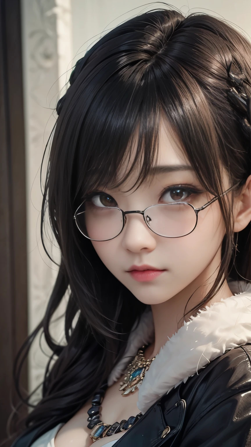 There was a girl with glasses and a sheep's headband, ulzzangs, With glasses, Kawaii realistic portrait, clear cute face, sakimichan, wearing thin large round glasses, Li Zixin, 1 8 I, Glasses, belle delphine, Ruan cute vtuber, with cute - fine - face, wan adorable korean face, jaeyeon nam