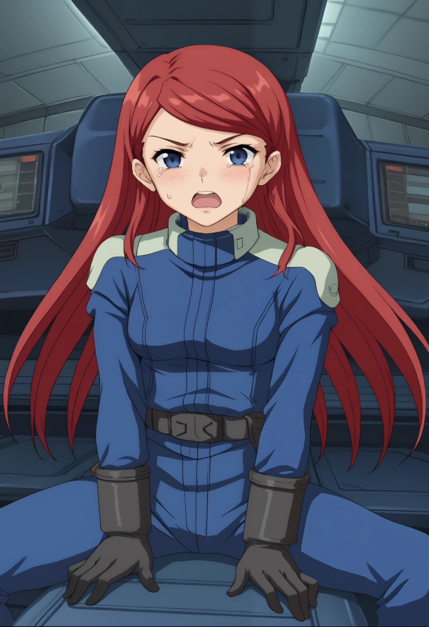 score_4_up 、source_anime、 Shirley Ramsay、 redhead、 long hair、 Twin Blade、Z Gundam pilot suit、, black pilotsuit, black gloves、 is the cockpit in the background、 sits in the cockpit、 crying face、 is shouting with his mouth open、