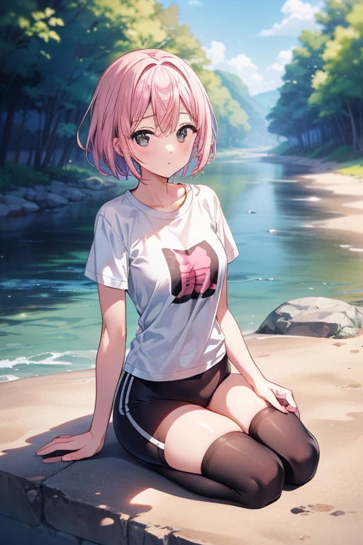 anime、pink hair、white shirt、shorts、valley