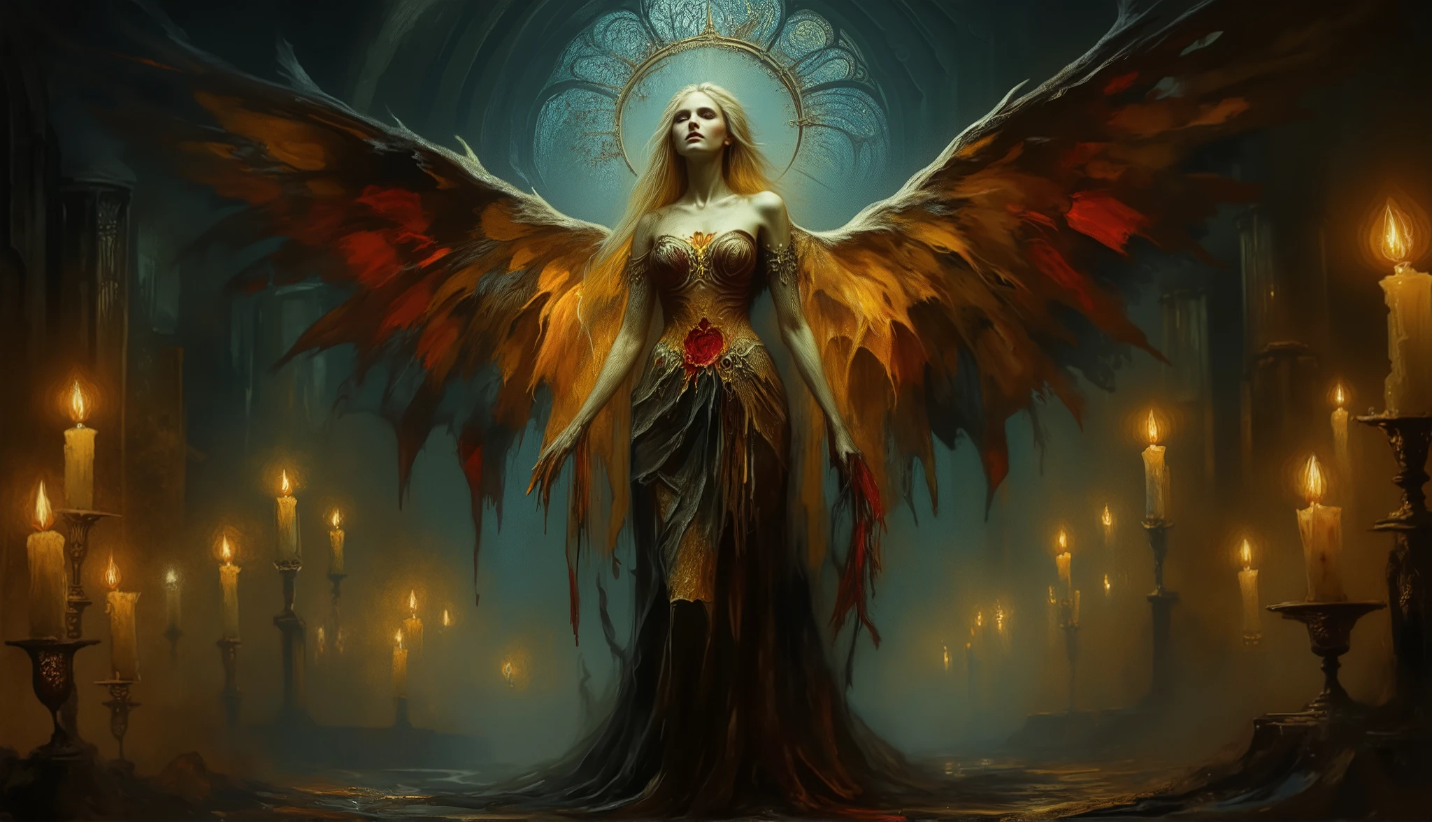 A surreal gothic illustration of a vampire angel standing in a candlelit hall with towering stained glass windows. Her golden hair is illuminated by flickering flames, her face serene yet hiding an unquenchable thirst. Her shattered halo hovers above, cracked and dimly glowing. Her obsidian wings stretch wide, their texture resembling both velvet and shadow. Her golden gown, shimmering like molten metal, is tainted with streaks of crimson. The background is a decayed palace, its grandeur fading into darkness. A silver chalice filled with blood rests in her delicate hands, symbolizing her eternal fate.
