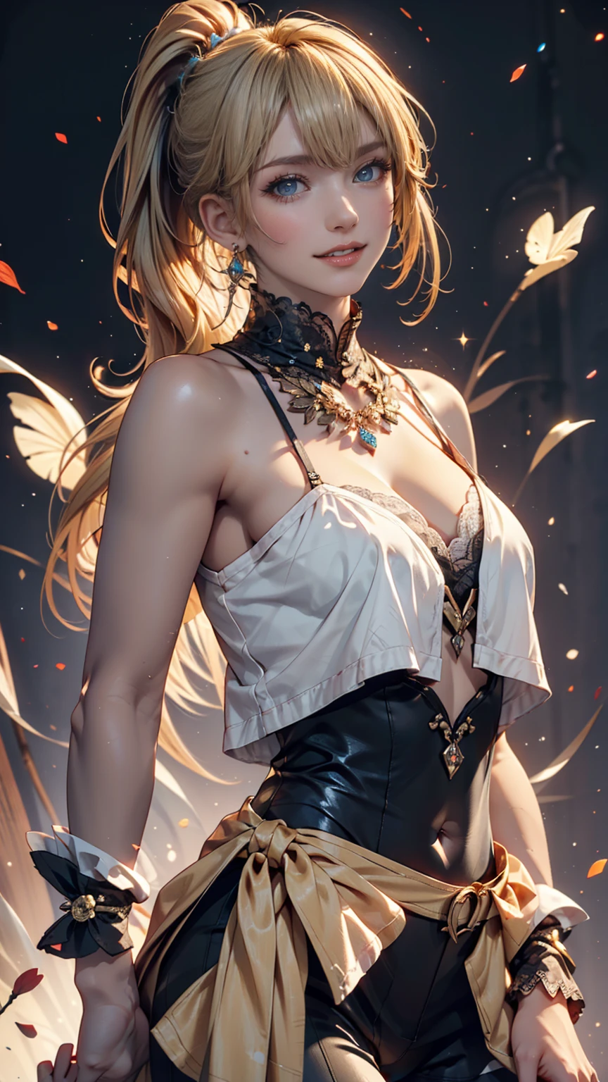 Beautiful woman with long straight ponytail blond hair with blue eyes wearing a Black Tight Leggings With Golden Dragon Prints, a Red Sexy Criss Cross Mock Neck Short Sleeves Blouse With Phoenix Prints, luxurious jewelry and a luxurious necklace, 18k gold wedding ring on left hand, standing in a balcony at night of full moon, (caucasian skin), (light brown lipstick), (elegant mascara), (slim body with abs), (small breasts), (wide hips), midjourney, <lora:GoodHands-, <lora:GoodLegs-, UHD, high resolution, (masterpiece:1.1, best quality), (expressive eyes, perfect face, full body, expressive face, perfect body, perfect pussy, athletic, fit, slim body, blushing, Perfect makeup, eyeliner, beautiful eyelashes, smiling, horny face), ((best illumination, best shadows)), ((sexy pose))