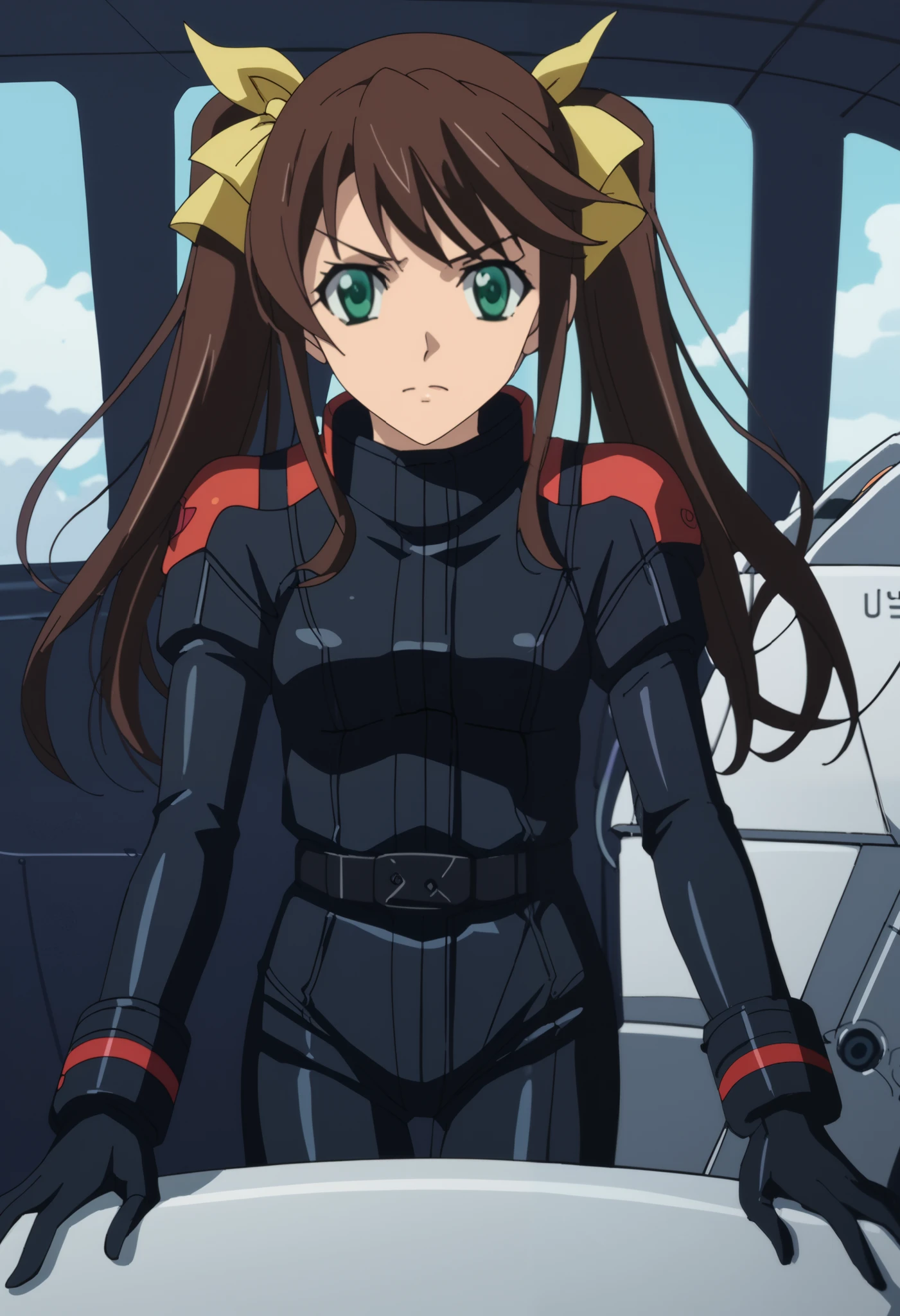 Z Gundam pilot Suit, ( black pilot Suit for piloting a machine:1.5) 、,S_ up 、 DeStroyS Top Quality 、 、 Source Anime 、 1 girl、、Solo、Ling Yin Fan 、 long hair、 brown hair 、ribbon、 twin tailS、 green eyeS、Hair ribbon、 is the cockpit in the background、 sits in the cockpit、Anxious face、泣き顔、