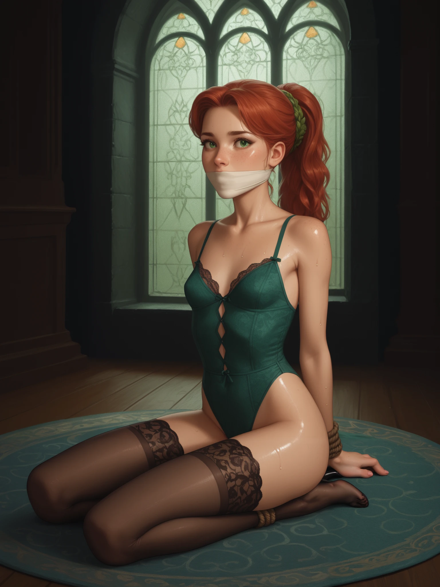 Beautifal woman, 18 years old, ,red hair, ponytail, hands tied behind back, feet bound, green eyes, freckles, white skin, sitting on fancy throne,, background is a deserted black room at night , stars through the window, wearing jade green victorian lingerie and stockings and heels , shiny skin, frightened expression, nervous, worried, wet body, thin waist, skinny body, slender, small breasts, , long legs, moody image, colored lighting, white skin, pale, dark shadows, backlighting, rim light, dramatic scene, sweating, bound and gagged, gagged