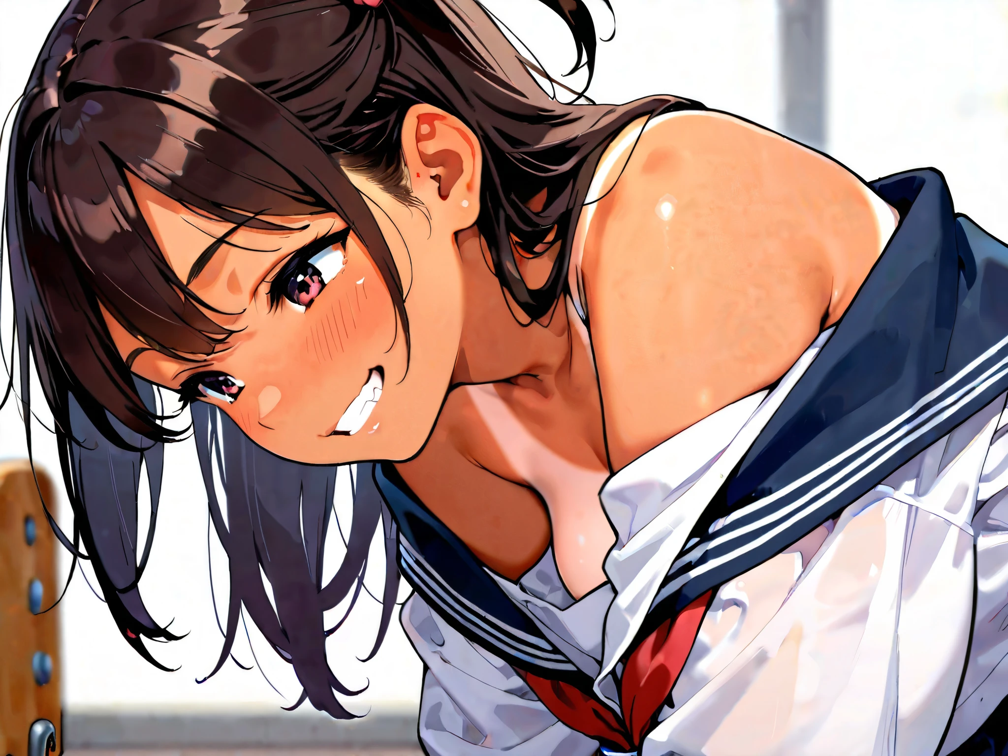 girl, blissful, grinning, bending over, curvy, off shoulder, sailor uniform, upper body, from side, tan lines, side tail