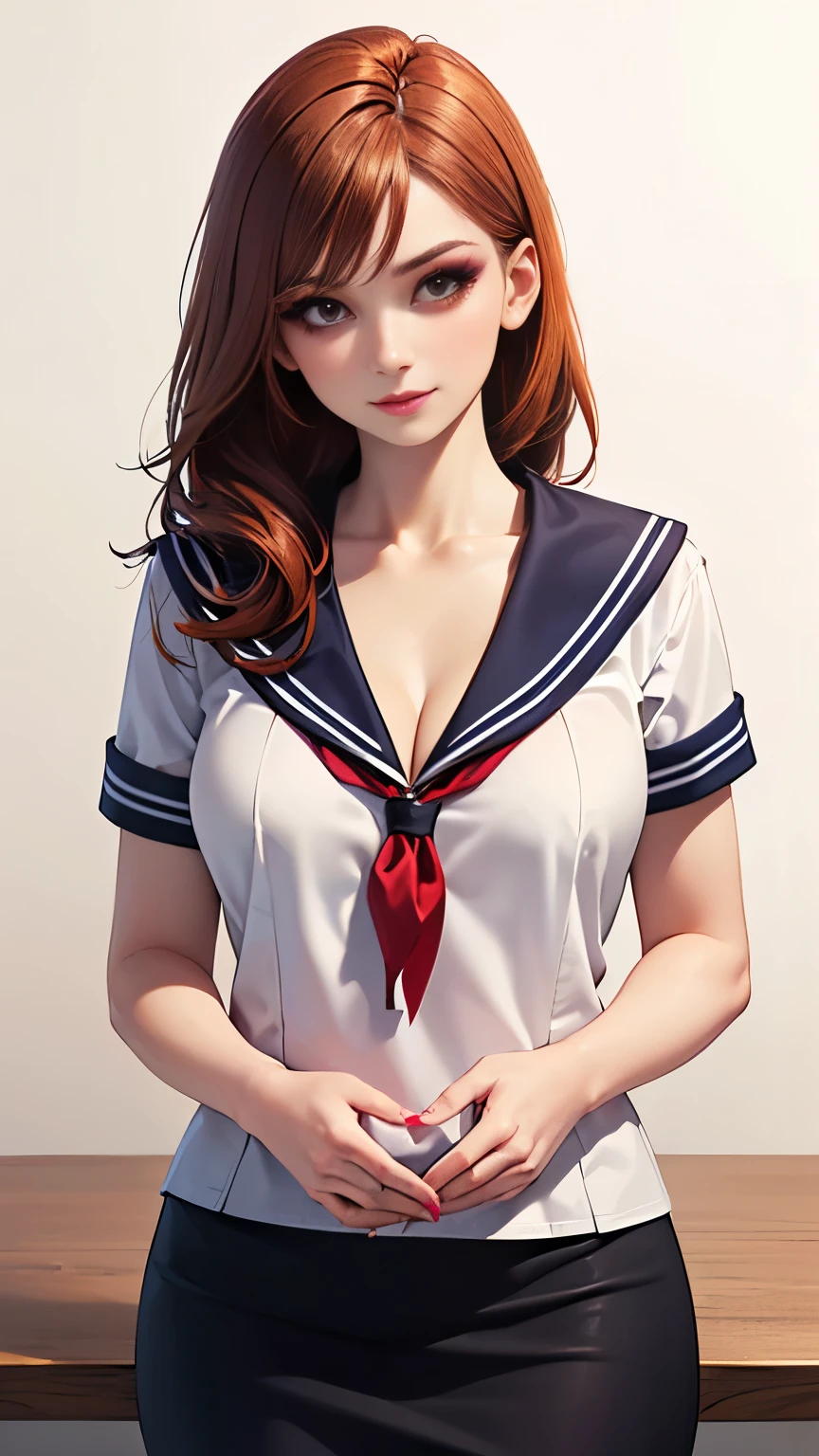 (highest quality, 8K, 32k, masterpiece, nffsw:1.2), (RAW photo), (realistic), (Photoreal:1.2), (High resolution), Super detailedな, very beautiful face and eyes, 1 girl, round and small face, big breasts thin waist、(((small breasts)))、(((white wall background)))、slim proportions, (school uniform, sailor suit、(白いsailor suit, short pencil skirt:1.23), (bust shot)、(((redhead)))、((short sleeve sailor suit))、(Close-up、highest quality、high detail、Rich skin details、nffsw)、(highest quality, 8K, table top:1.2), Super detailed, (realistic, realistic:1.37), (((full body shot)))、Bright colors, (((Hold your hands)))、(((sexy atmosphere)))、((( girl)))、((Bust isDcup))、(((light brown hair)))、(((white background)))、(((cleavage)))、(((girly hairstyle)))、(((long hair)))、(((in front of a white wall)))、(((light brown hair)))、(((I put my hand on my cheek)))、(((he has an evil smile on his face)))、(((The girth of the chest is 85 cm)))、(((small breasts mischievous expression))), (((showing skirt hem))),(((pale skin))),(((makeup skin)))