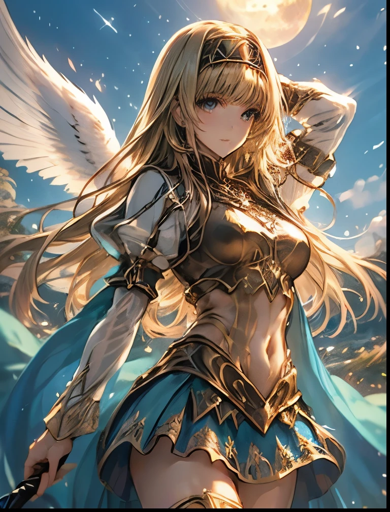 （（（ＳＦＷ、Highest quality、 first class masterpiece 、 Normal body 、8k、   detailed face 、 super precise、   real color 、５refer to、Highest）））、Alisha、『Valkyrie Profile 2』、Golden Hair 、 long hair、 short、Big Breasts、 slender、 slim、 Navel Exposure 、Pink Heart Dirty Print on Navel、Muscle Exposure、Half naked、Nipples See-Through Ultra Thin Transparent Slave Dress、Ultra Thin Transparent Miniskirt for Slaves、 slave iron collar 、War Spear 、Heavenly Wings、embarrassing、Throw a giant spear of light from above、moon、Sky、Aerial、 sacred、Nivernvalestin