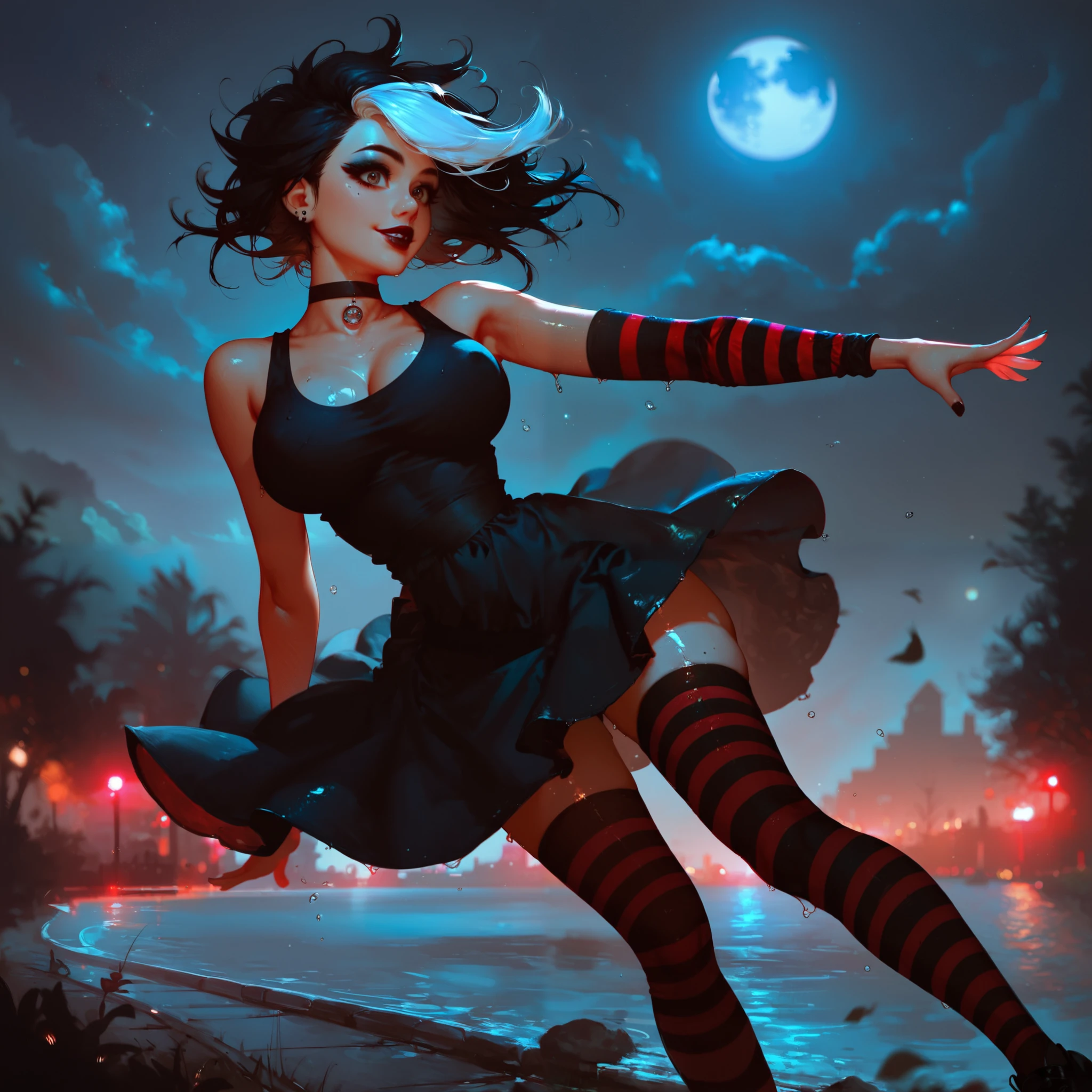 free fall, acrobatics, gymnastics, falling out boobs, emo style, curvy, gothic red striped arm warmers, messy emo hairstyle, posing standing, slight smile, surprise embarrassment, choker, wet oily skin, shiny skin, shiny skin, short dress, black and white striped tights, black loose dress, light silk dress, beautiful expressive brown eyes, makeup, eyeliner, lipstick, big curvy boobs, juicy boobs, breast movement effect, urgent hips, perfect waist, waist curve, long silky hair blowing in the wind, highlights, two-tone hair, black hair, white hair, river, road, moon, night city lights, body contour illumination, bioluminescence, black luminescence, neon luminescence, black graphic effect, depth of field, blur, very high quality, masterpiece, compositing, reflexive perspective, recursive storytelling, cinematic anime style, dark atmosphere, dark saturated colors, thick saturated colors, anime poster,