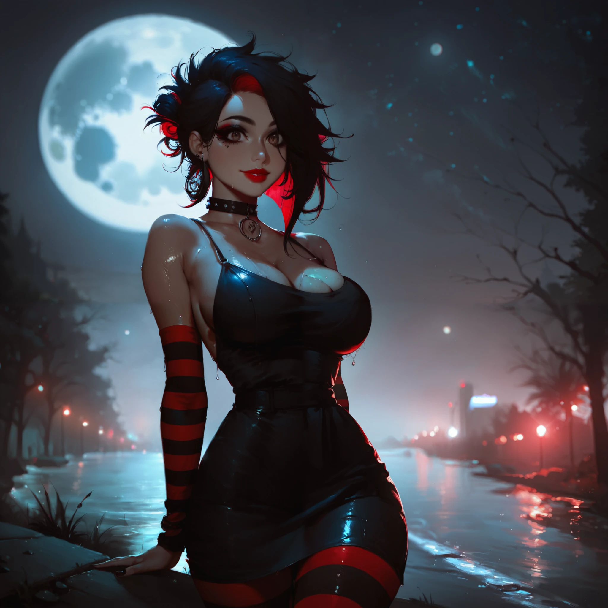 (3/4 body shot:1.6), (Masterpiece, photorealistic, photorealism, best quality, ultra-detailed:1.3), (nice hands, perfect hands), official art, cinematic light, (1girl:1.3), (solo:1.4), adult, (hyper realism), retro art style, full moon, village, Mavis Dracula, teeth, blush, smile, young female, medium breasts, (emo:1.7), (black eyelashes, light blue eyes, eyeliner, black lipstick:1.5), diamond earrings, (black hair:1.5), staring, dark evil, night, ambient candlelight , hotel Transylvania, (bat), depth of field