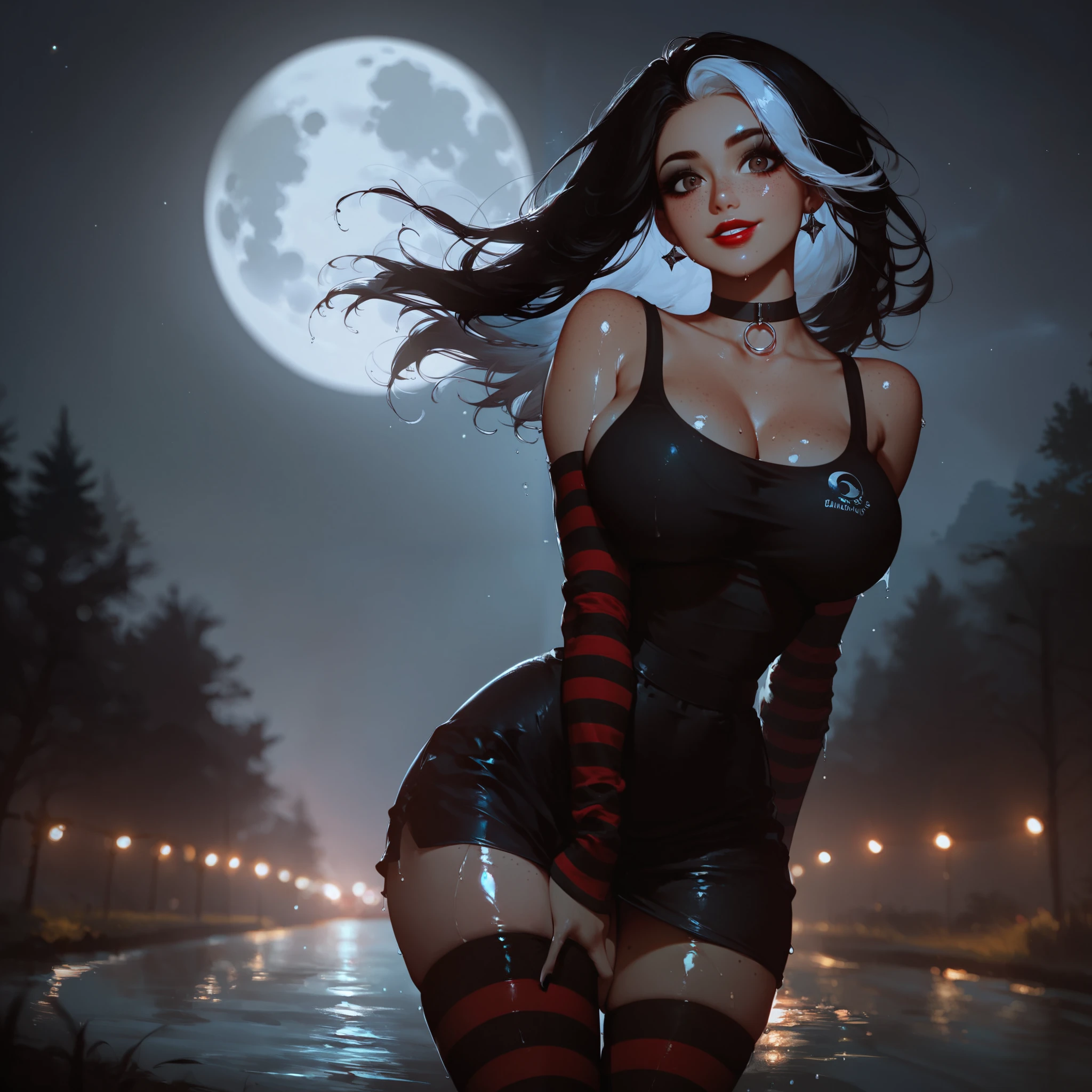 (masterpiece:1.2), best quality, absurdres, (sharp focus:1.2), (hyperrealistic:1.2), subsurface scattering,
(pale skin:1.2), shiny skin, (black hair:1.2), (extremely detailed eyes:1.2), (beautiful eyes:1.2), purple eyes, (eyeshadow:1.2), (black lipstick:1.2), full lips, absurdly long hair, large breasts, wide hips,
(intricate full body turtleneck sweater:1.2), thigh gap, (bored:1.1),
graveyard, (moonlit night:1.1), (light particles:1.12), (realistic shadows:1.2), (chromatic aberration:1.2)