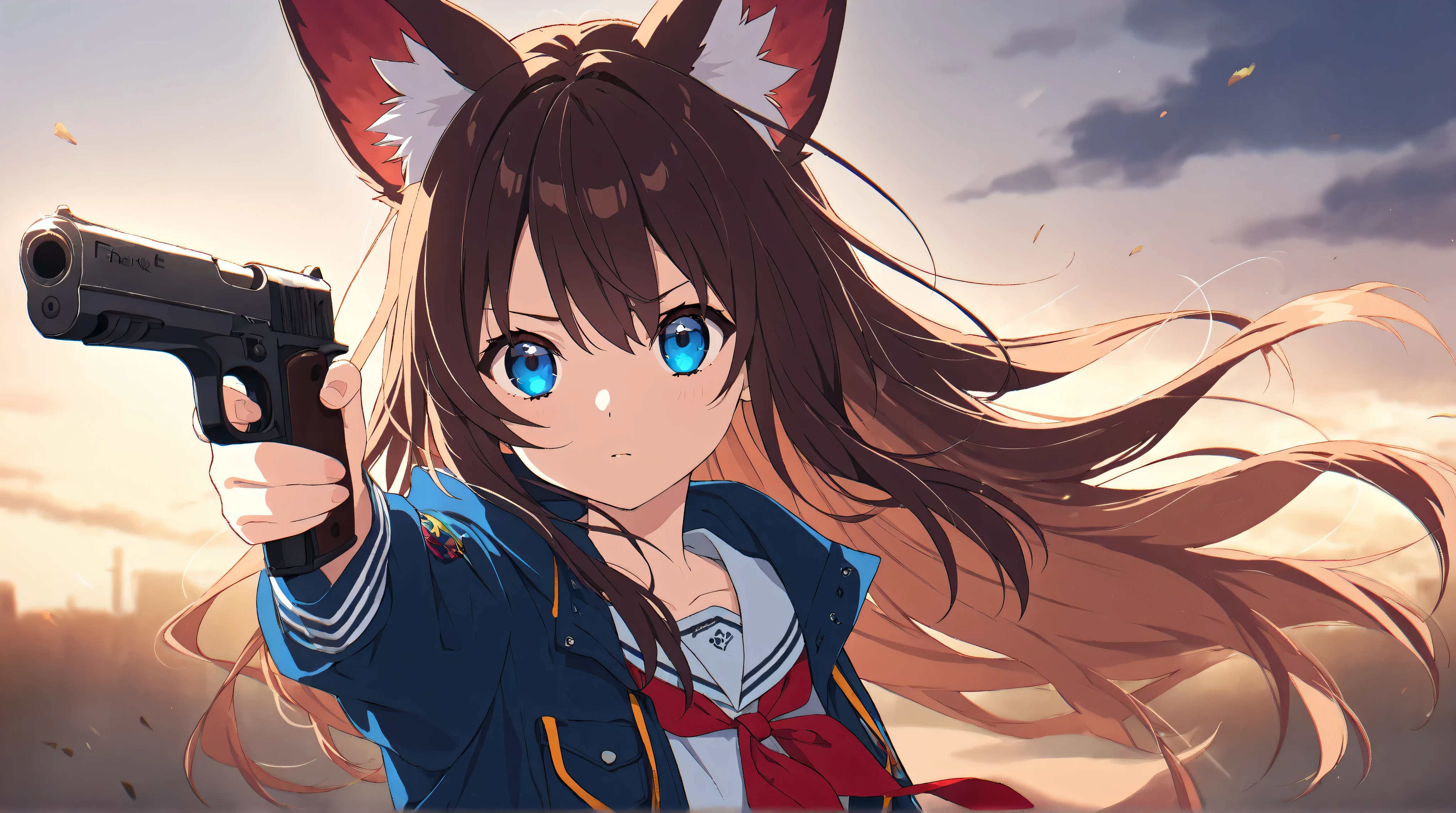 Anime Style、Fox Ears、 brown hair、 blue eyes、long hair、 holding a handgun、tattered clothes