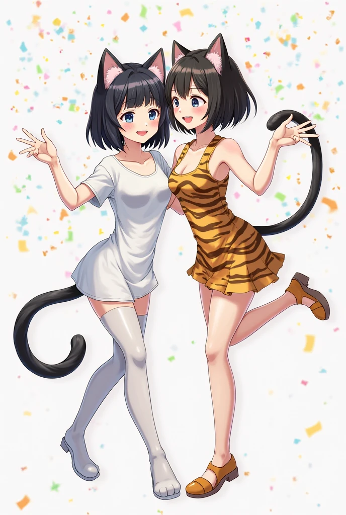 (highest quality, masterpiece, High resolution)、(anime art)、19 years old, large breasts, triple D cup breasts, round buttocks, bubbly buttocks, wide hips, bubbly ass, fit and strong, slender body,、soft light、two girls、black hair、Black cat costume、White Cat Costume、Tabby cat costume、Striped cat costume、Persian Cat Costume、(3-color cat costume)、(loose t-shirt)、loose shirt、off shoulder、sexy mini dress、(Cat ear)、bob cut、semi-long、bun hair、hair ornaments、choker、Cute face details、enchanting smile、small breasts、whole body、(cat pose)、((crawl on all fours))、beckoning、playing、dance、Cat jarashi、Crackers popping、 Decoration、((white background))、