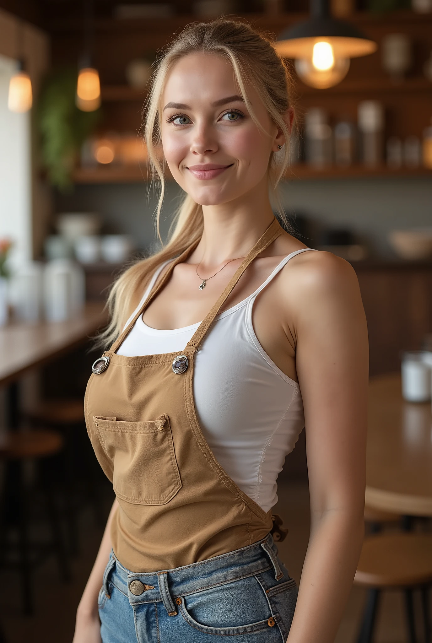 A warm and inviting cinematic portrait photograph of a stunning 21-year-old blonde woman with long, luscious hair tied back in a sleek ponytail, showcasing her flawless porcelain skin and bright, expressive blue eyes, wearing a fitted white tank top, distressed denim jeans, and a worn, earthy brown apron with a subtle vintage patina, standing confidently in a cozy, rustic restaurant environment with rich wooden accents, soft, golden lighting, and blurred background elements, evoking a sense of nostalgia and warmth, with a shallow depth of field drawing attention to her bright smile and gentle, effortless charm, captured in a horizontal, 2.4:1 aspect ratio composition with a slight cinematic grain.