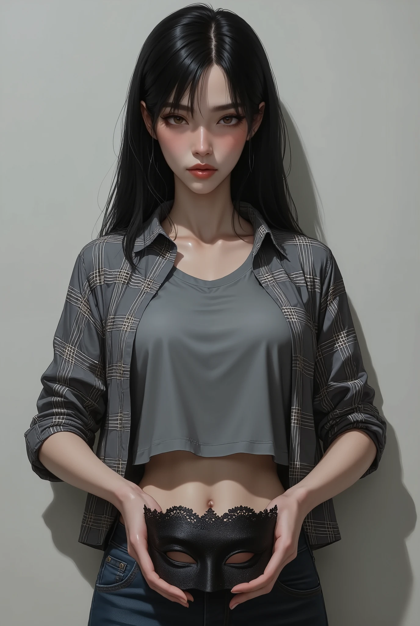 Japanese woman, 24 years old, straight black hair, brown eyes, full lips and square jaw, sharp and determined look, she wears a gray t-shirt with a checkered button-down shirt open on top, and a pair of jeans, she holds a black lace mask in her hands.