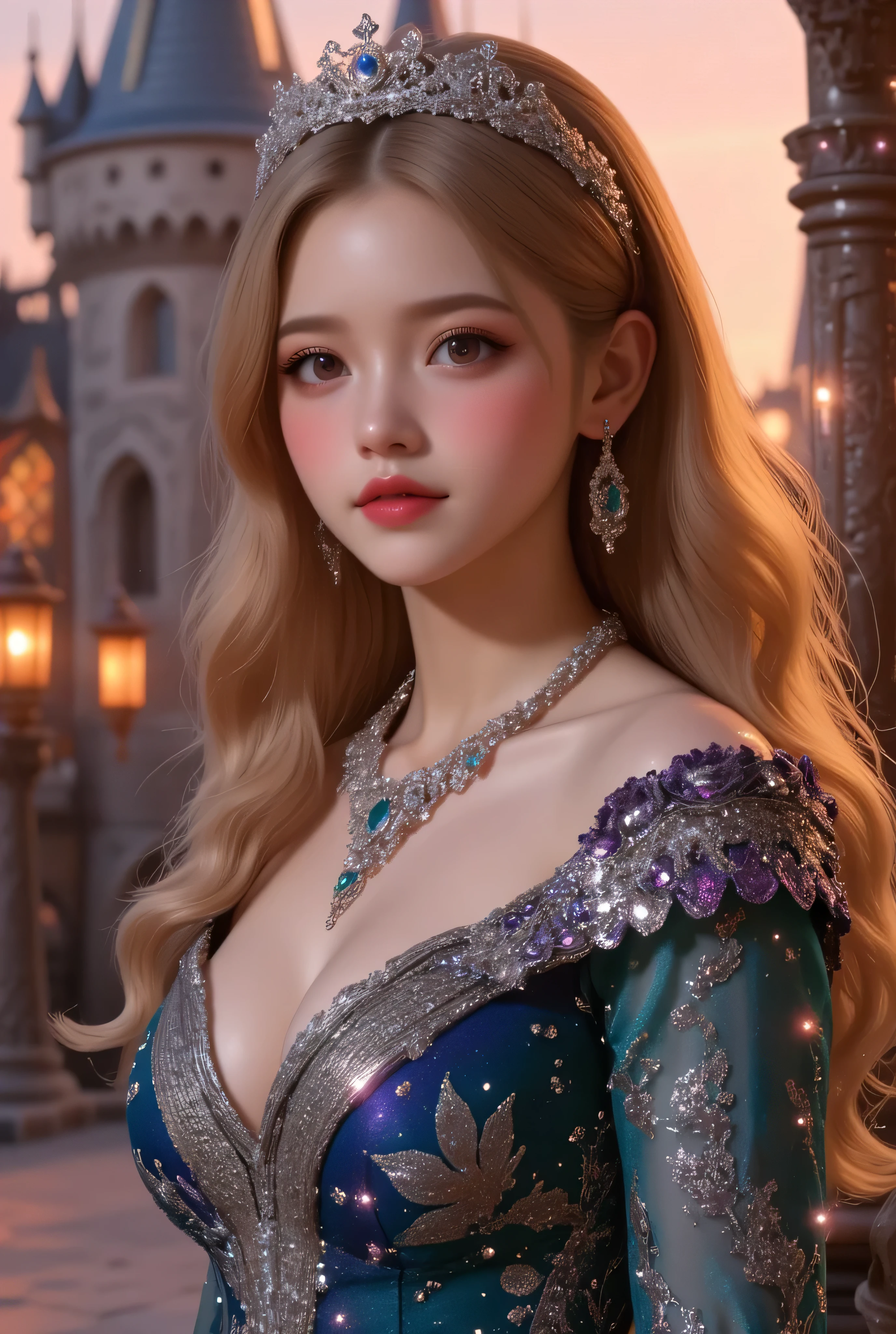 lors, deep contrast, super real, pink lipstick, lovely atmosphere, cinematic composition, close-up of face. She is wearing a breathtakingly opulent princess dress with flowing, multi-layered fabrics in a mesmerizing blend of royal blue, deep crimson, emerald green, and shimmering violet, creating a dazzling gradient effect. The dress is adorned with intricate golden and silver embroidery, forming delicate floral and celestial patterns, intertwined with radiant, sparkling gems in shades of sapphire, ruby, emerald, and amethyst. The off-shoulder design is enhanced with sheer, shimmering fabrics that drape elegantly, catching the light like woven stardust. Her bodice is encrusted with fine jewel embellishments, and a beautifully detailed silver and gold belt cinches her waist, adding to the regal elegance. She also wears a dazzling gemstone necklace, a delicate tiara of intertwined silver and gold adorned with pearls and precious stones, and an exquisite matching bracelet. Her dress have many lights , shinning out the lights.
She stands gracefully in front of a magnificent castle with towering spires, intricate stonework, and glowing stained-glass windows that cast a kaleidoscope of colors onto the grand courtyard. The castle is bathed in the golden light of a setting sun, with the sky painted in warm hues of orange, pink, and purple. Ethereal sparkles fill the air, adding a magical glow to the scene. Her expression is serene, confident, and regal, exuding the grace and charm of a true fairy-tale princess in a fantastical, enchanted world.