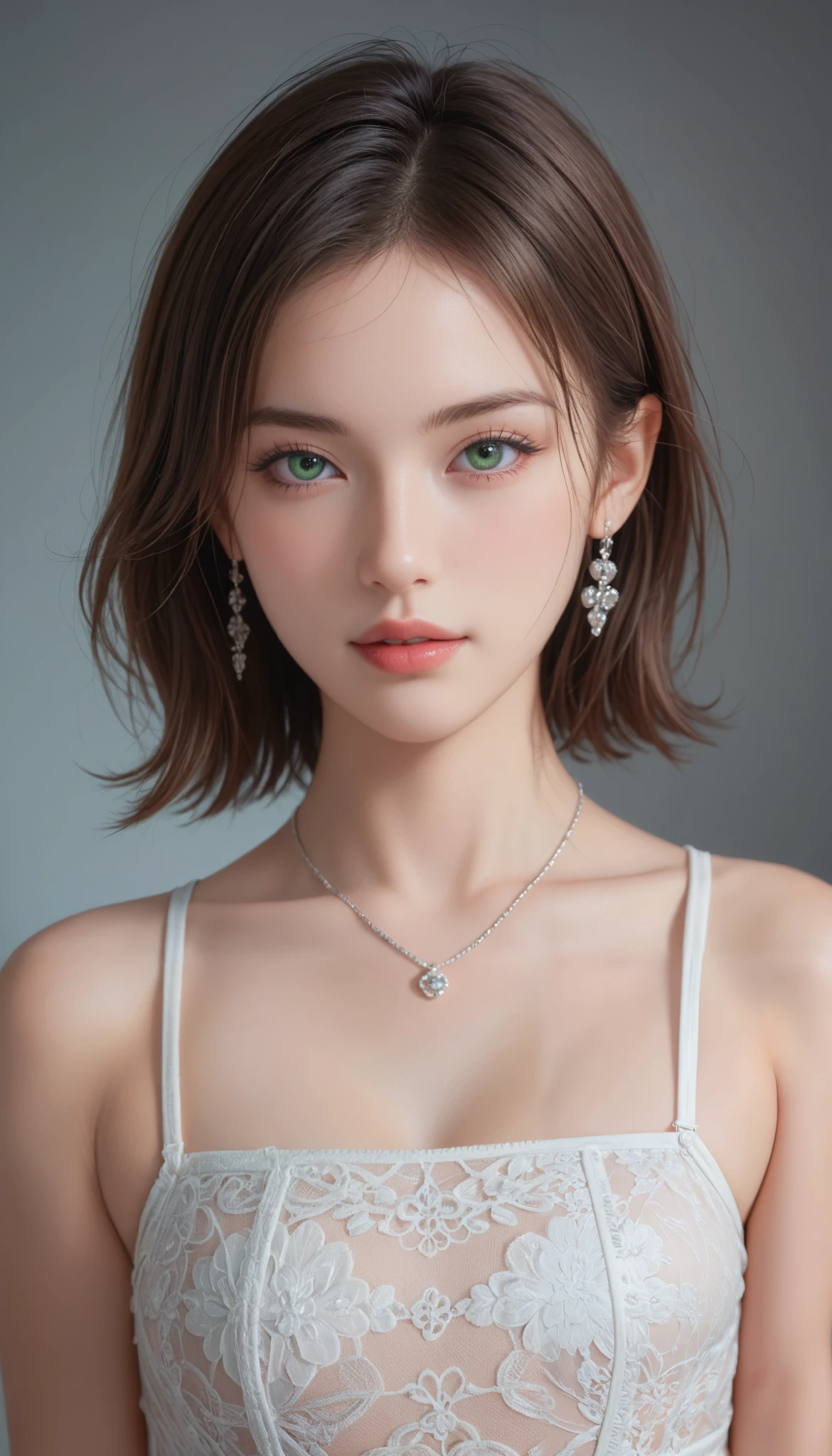 A stunning woman with piercing green eyes, luscious lips, and luscious long eyelashes, posing in a high-fashion outfit, set against a vibrant neon-lit backdrop, with intricate hairstyle, and cinematic composition, reminiscent of the works of Patrick Demarchelier, Annie Leibovitz, and Eugenio Recuenco, blending the hyper-realism of 8K resolution with the dramatic lighting of a Richard Avedon photograph, showcasing the intricate textures and folds of the outfit, with the level of detail and mastery of a David LaChapelle image, in a photorealistic style that transports the viewer into the scene, with every element, from the subtle wisps of hair to the glint of light on the subject's skin, rendered in breathtaking, hyper-detailed clarity.