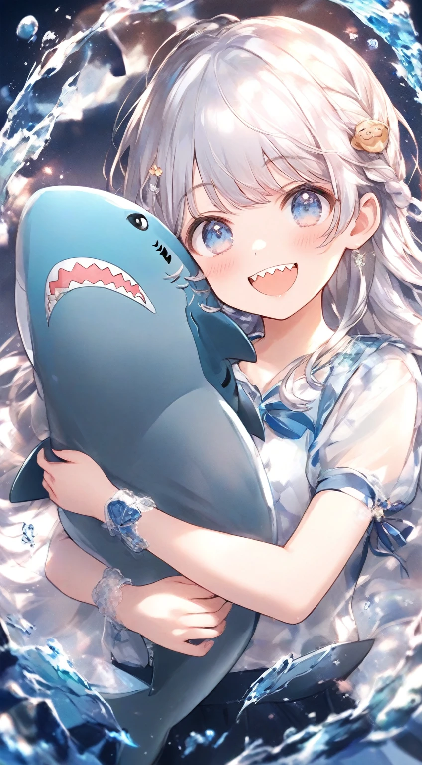 cute女の子、1 girl、 Silver Hair、Shark、cute、 lori、Young、Jagged teeth、sea、light blue、green、smile
