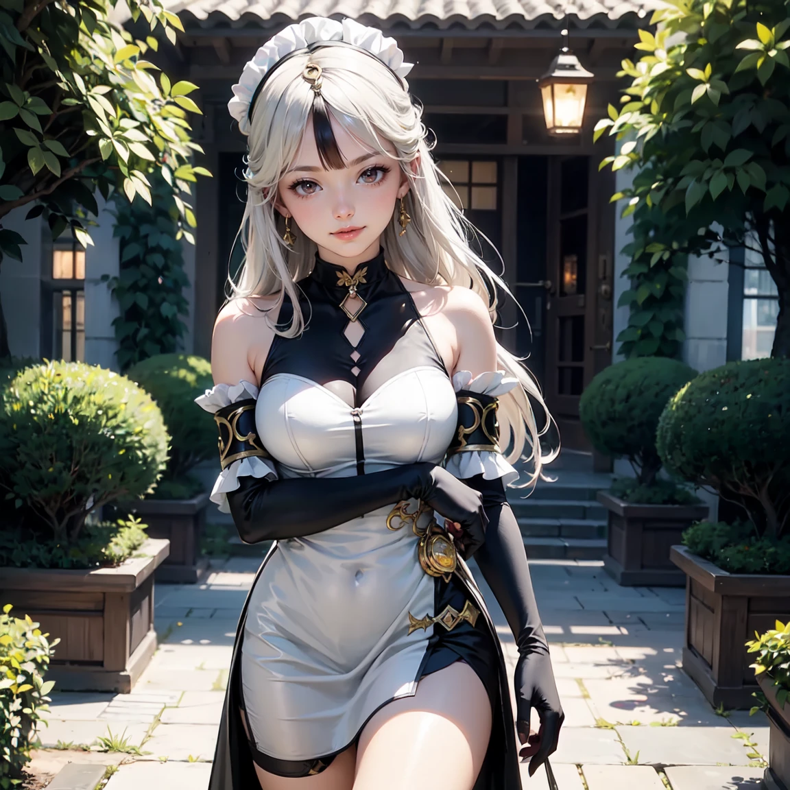 (Image above the chest)((masterpiece:1.5,Highest quality,Highly detailed images,Beautiful images、Realistic、Photorealistic、2.5D))(1girl, 独奏,)(Adult women、large breasts, white hair, beautiful eyes、Beautiful cleavage)(Off-the-shoulder dress、black dress:1.5, Deep slit)(smile, wind, floating hair、Sit down and seduce)(bright、Soft lighting、garden、squirt)