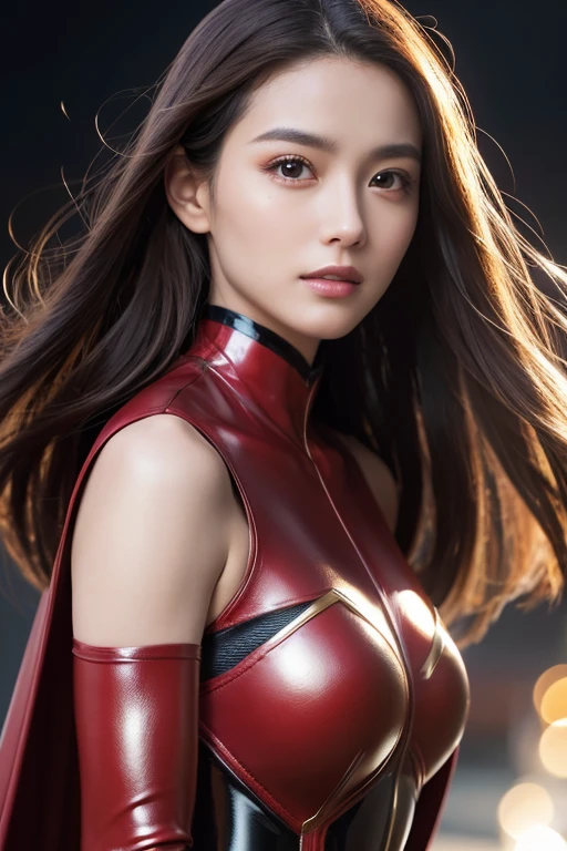 spider-woman, red suit, beautiful eyes, half body, masterpiece, ultra high details
