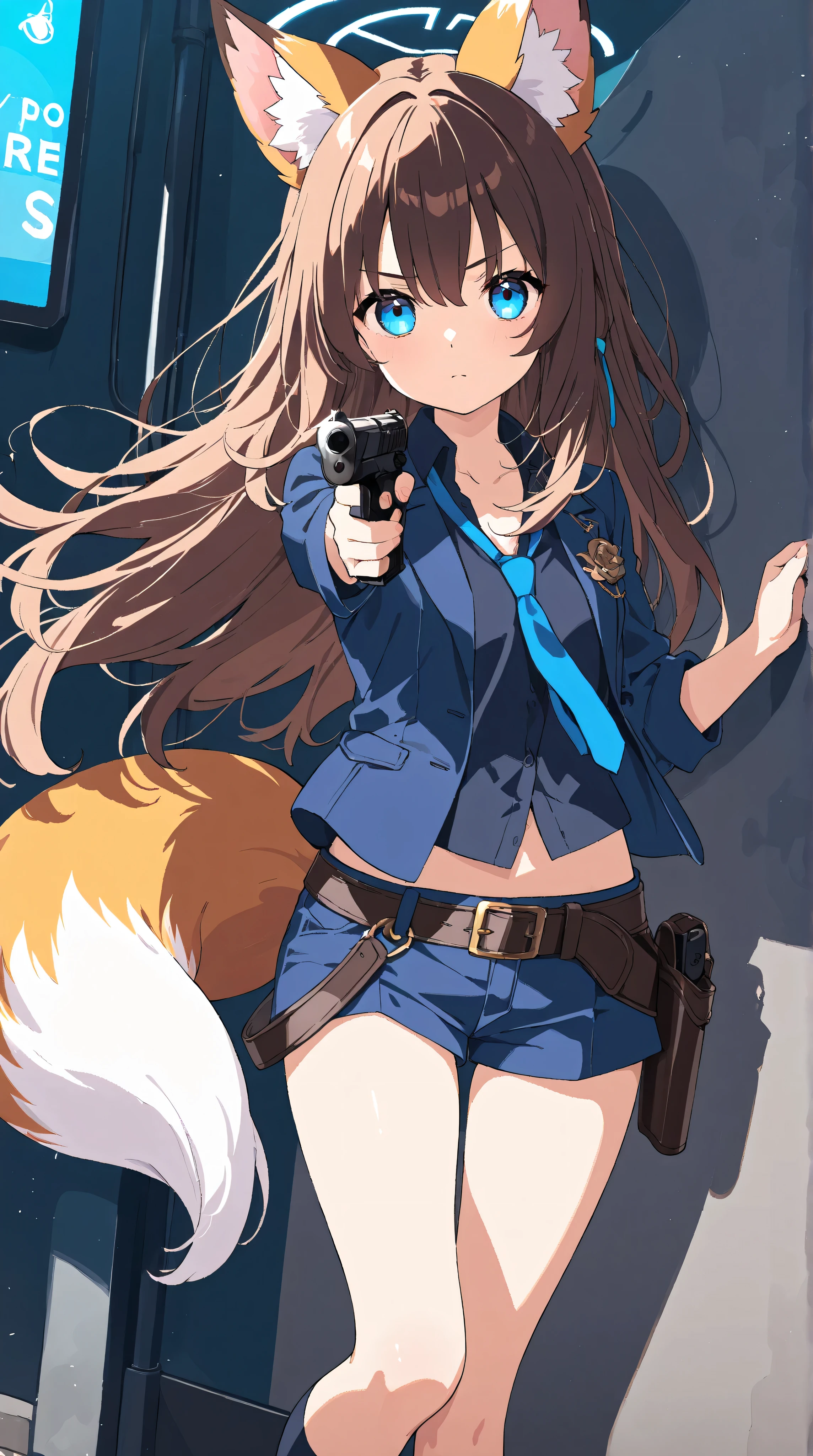 Anime Style、Fox Ears、 brown hair、 blue eyes、long hair、 holding a handgun