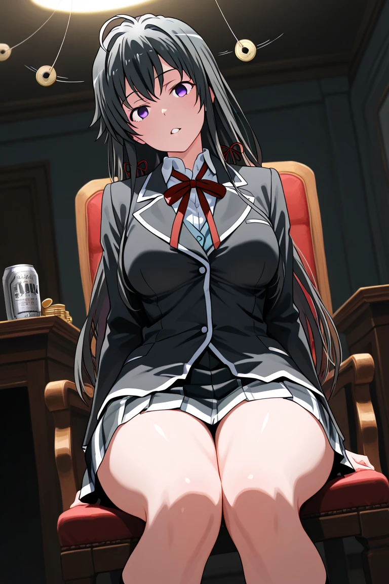 [[anime styled]],[[digitalart]],masterpiece,best quality,high resolution,Tomomi_Xijing,black hair,Short hair,Hair Ribbon,red eyes,midium build,NSFW,1girl in,solo,((sitting on the chair,reclining)),(Portrait),pussy focus,from below,short torso,Perfect Lighting,topless,((nude,nipples,black lace panties)),cameltoe,smile,(underwear:1.2), (strong light),((brighten the subject)),blush,spread legs, break background classroom,