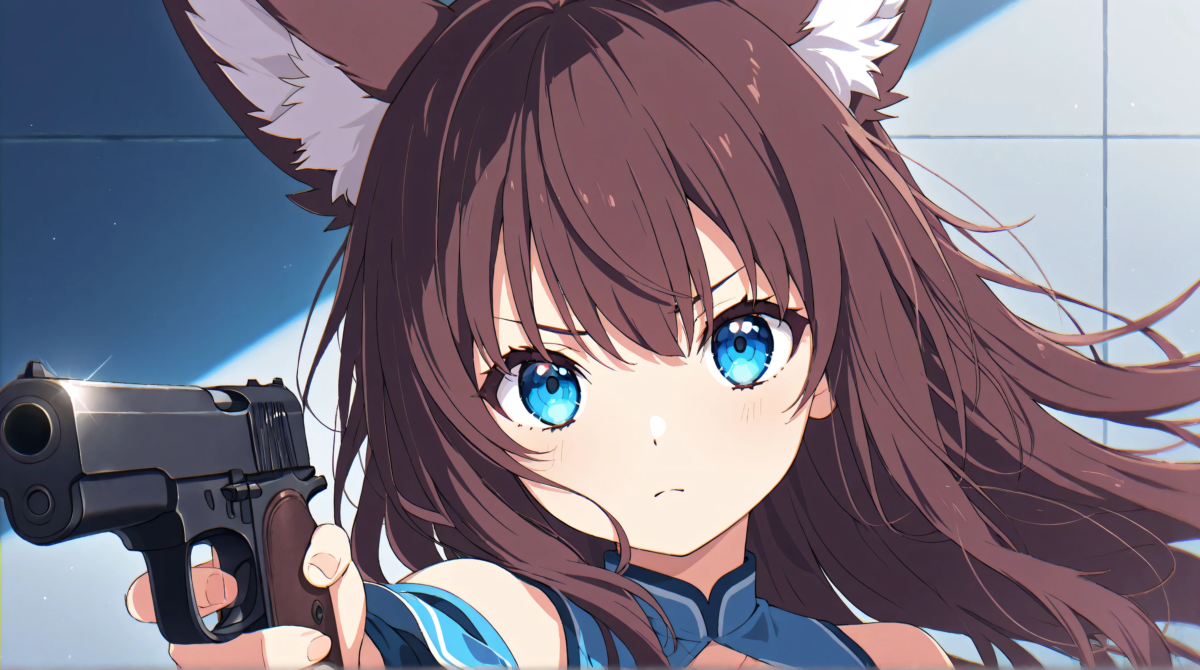 Anime Style、Fox Ears、 brown hair、 blue eyes、long hair、 holding a handgun