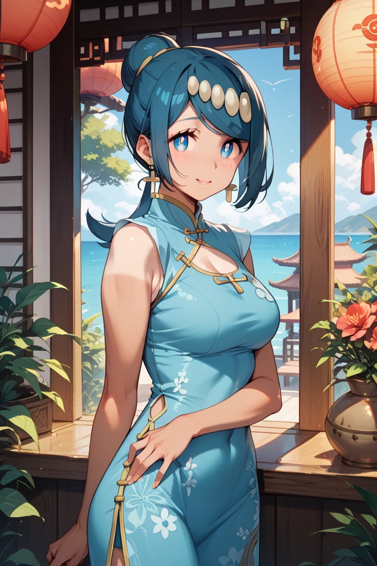 Tall girl, Short blue hair, blue eyes, white chinese dress, Blue inserts, open shoulders, red lipstick, Smile, Masterpiece, hiquality, high detail, HD, 4k