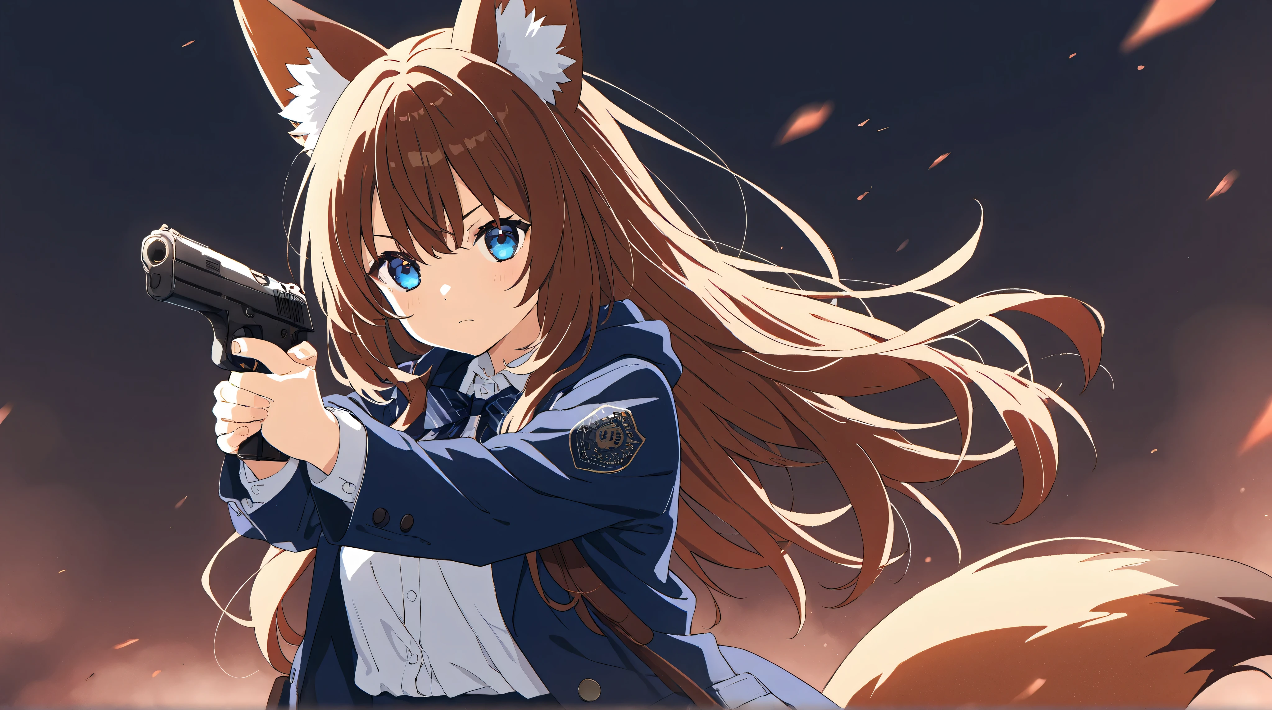 Anime Style、Fox Ears、 brown hair、 blue eyes、long hair、 holding a handgun
