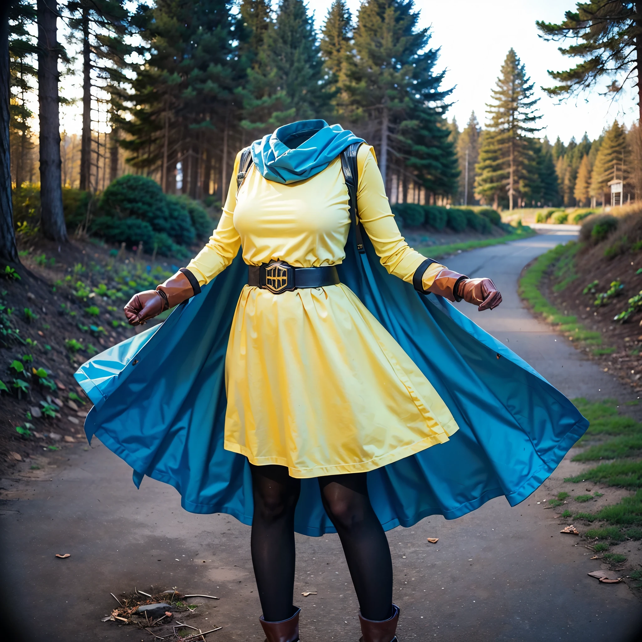 grass field, Alena, cape, yellow dress, short sleeves, belt, gloves, skirt, black pantyhose, fat, cute big breasts, (invisible, no human, headless, handless:1.5), (8k, RAW photo, best quality, masterpiece:1.2), (realistic, photo-realistic:1.37), photon mapping, radiosity, ((Hasselblad photography)), physically-based rendering