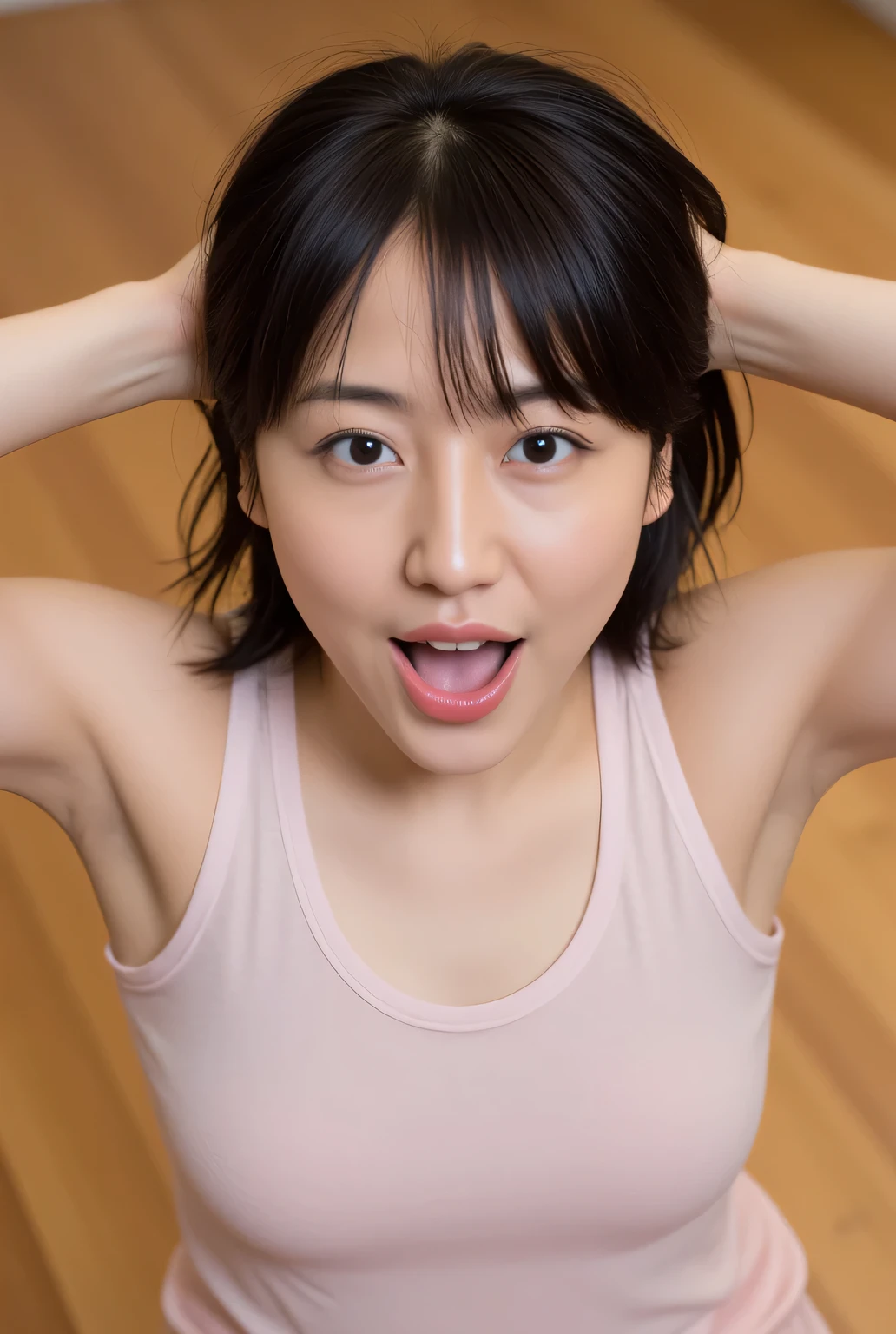 ID photo、throw、Front 、 Photoヤン、 masterpiece, 最 high quality ,16k,8k, beautiful,Get used to it, exquisite,extremely Get used to it, finely Get used to it, high quality , insanely Get used to it, ultra Get used to it, super high resolution, 超 high quality , beautiful face, Japanese , nsfw, Staring at 、( sharp concentration ), from below, ( Looking up :1.10), (( open your mouth :1.6)), ( stick out your tongue , ultimate cute smile :1.8), (Ultra-detailed beautiful faces:1.10), (Ultra-detailed beautiful slim body:1.9), 18 years old, ( Super Detailed Beautiful Japanese Beauty Female Idols:1.7), Photo、 hanging down 、 I see a woman with her hands behind her head , Get close to the location of 、 looking up at the camera. She has black hair 、 I can see a woman with almost no makeup . her expression is neutral . The background is a wooden floor 、 photo shows warm colors .