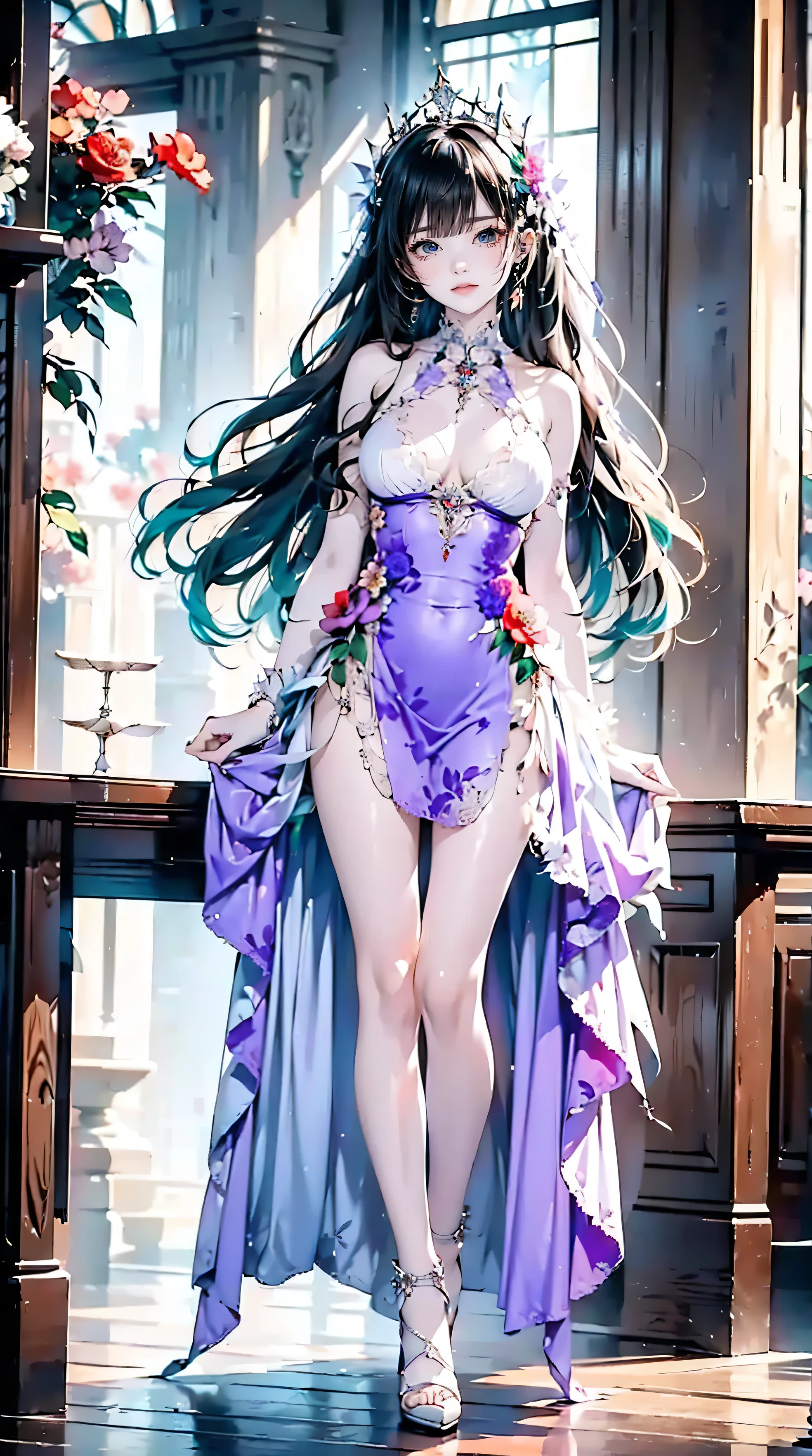 best quality、masterpiece、 super high resolution、(actual:1.4)、 original photo、 super high resolution、8k、 old odd-eye woman、(((Iheterochromia , red eye, green eye)))、(((Brilliant color )))、 sparkling delicate big eyes 、((( Light Purple Wavy Long Hair)))、(((NSFW)))、((( perfect anatomy)))、( beautiful small tits )、( slender body)、((mole on breast ))、 clear, silky white skin、Exposed shoulders、(((Crimson Floral Dress )))、((Robe decollete))、 high heels、 long legs :1.5、Bright and beautiful、 high waist with her、 full body image 、smile、 tiara 、The mesmerizing gaze at the dinner venue 、
